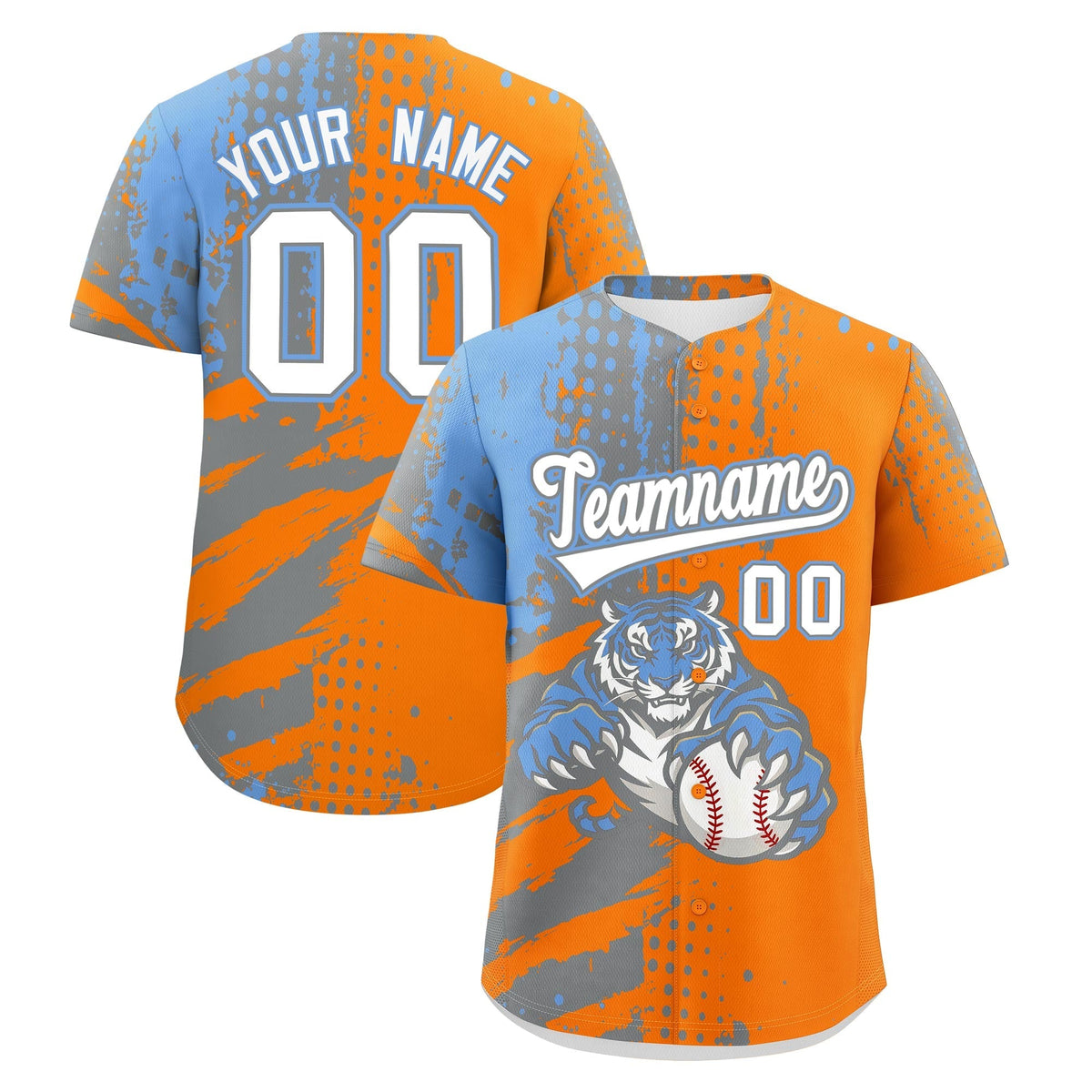 Custom Orange Silver Light Blue Full-Snap Graffiti Pattern Tiger Graffiti Jersey Baseball Jersey| KXKSHOP