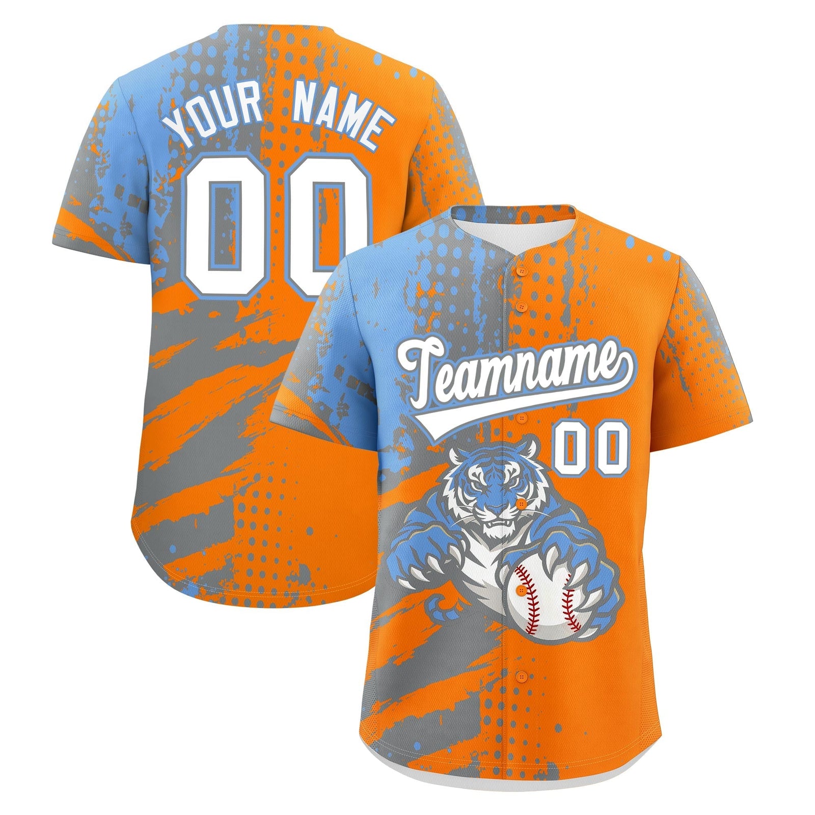 Custom Orange Silver Light Blue Full-Snap Graffiti Pattern Tiger Graffiti Jersey Baseball Jersey| KXKSHOP