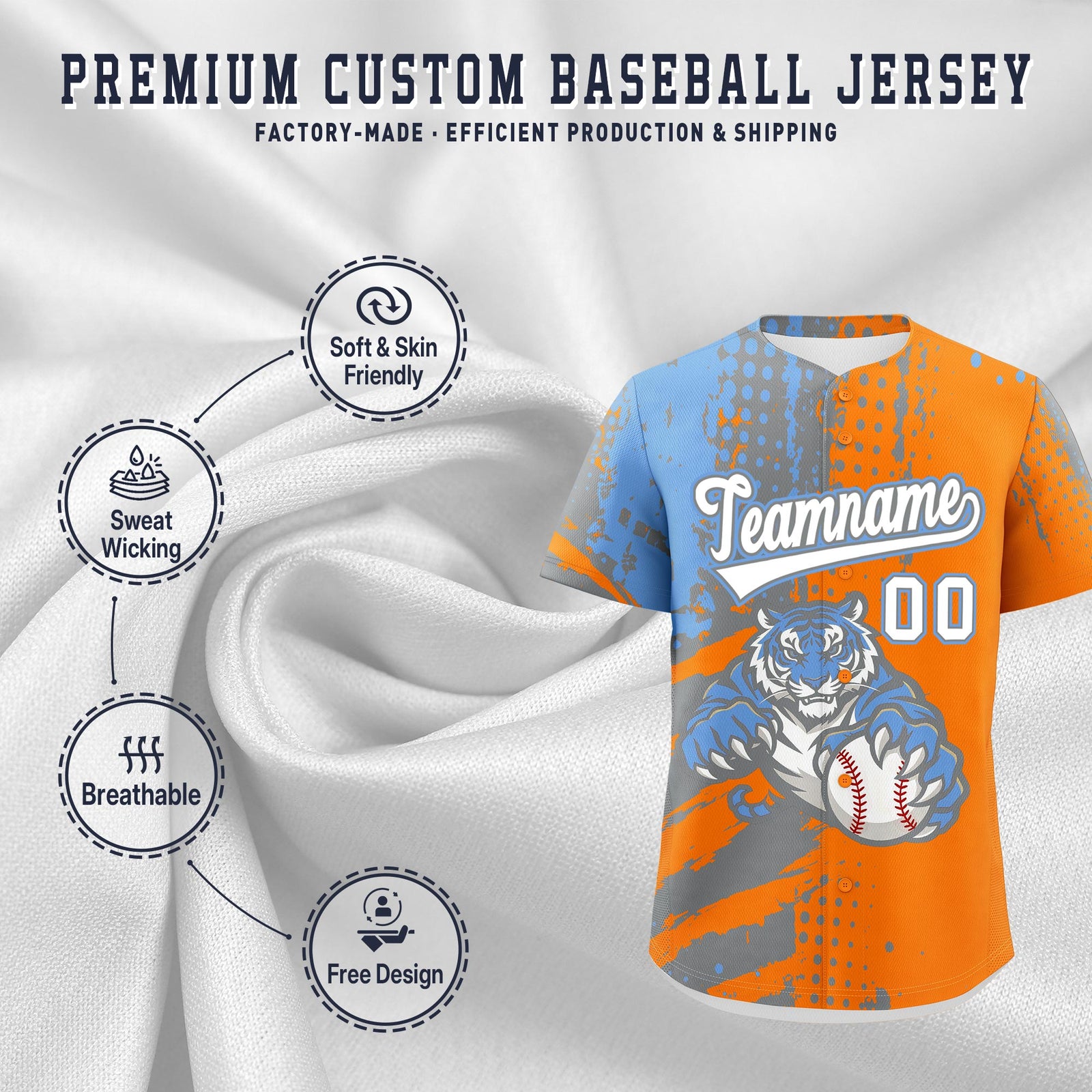 Custom Orange Silver Light Blue Full-Snap Graffiti Pattern Tiger Graffiti Jersey Baseball Jersey| KXKSHOP