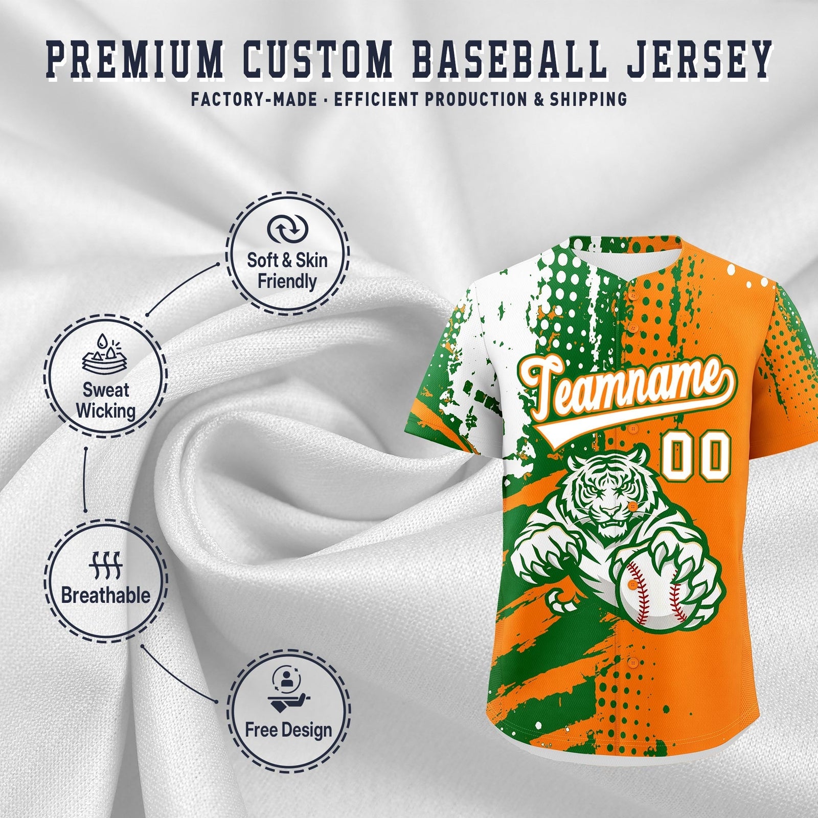 Custom Orange Kelly Green White Full-Snap Graffiti Pattern Tiger Graffiti Jersey Baseball Jersey| KXKSHOP