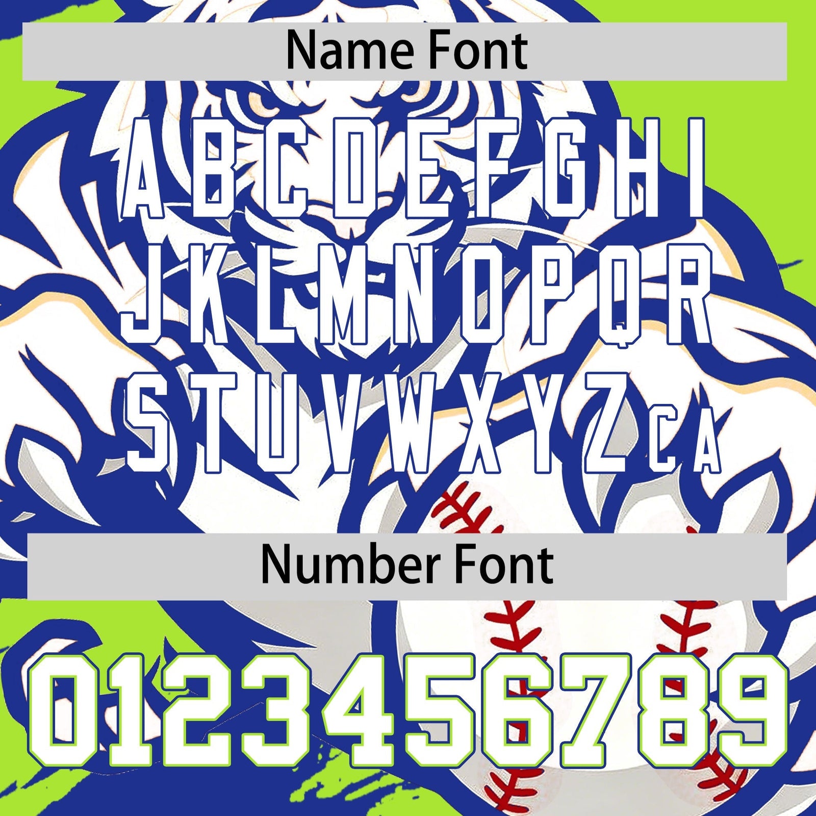 Custom Royal Blue Neon Green White Full-Snap Graffiti Pattern Tiger Graffiti Jersey Baseball Jersey| KXKSHOP