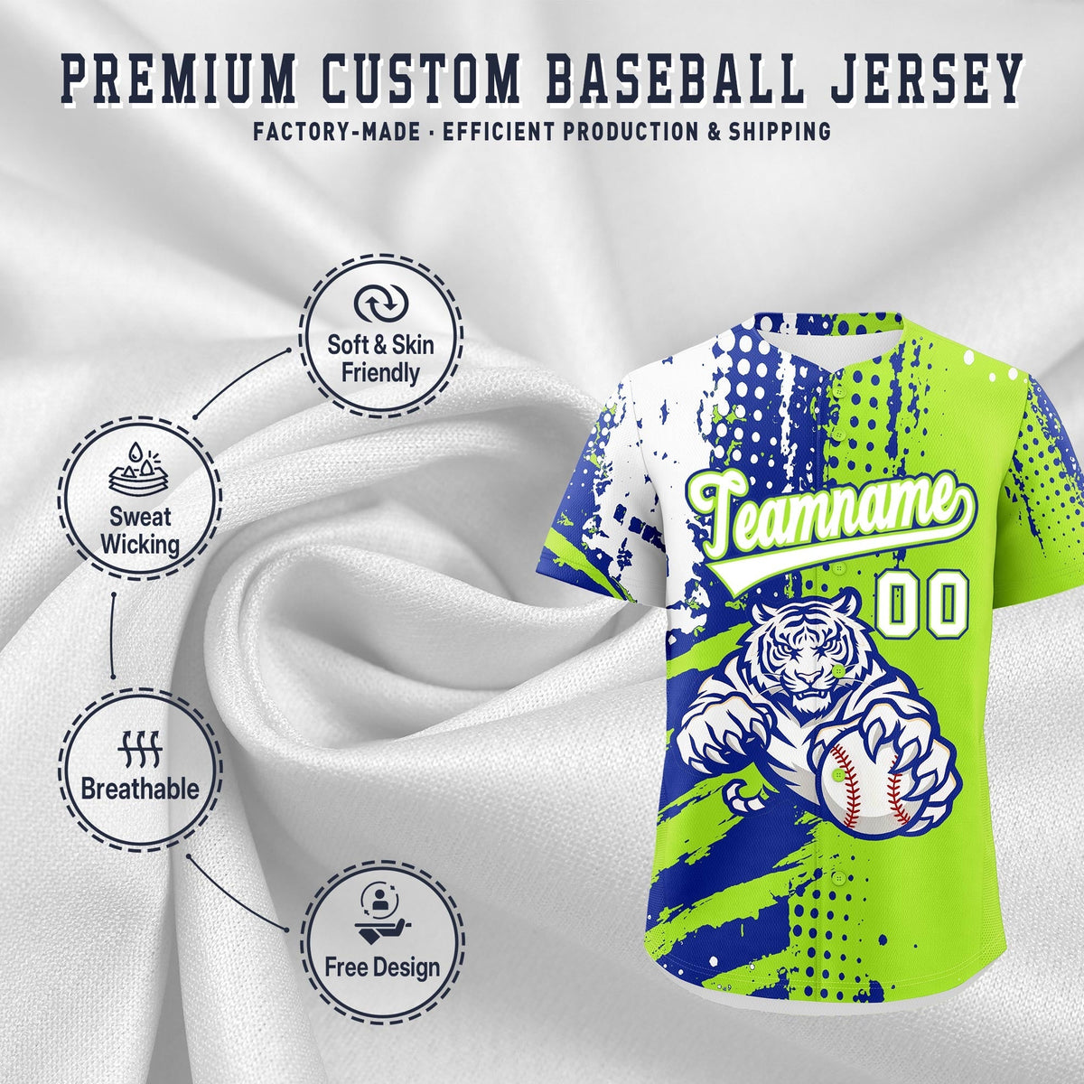 Custom Royal Blue Neon Green White Full-Snap Graffiti Pattern Tiger Graffiti Jersey Baseball Jersey| KXKSHOP