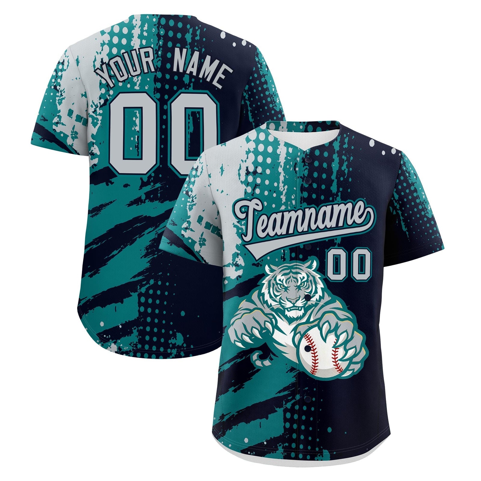 Custom Navy Teal Silver Full-Snap Graffiti Pattern Tiger Graffiti Jersey Baseball Jersey| KXKSHOP
