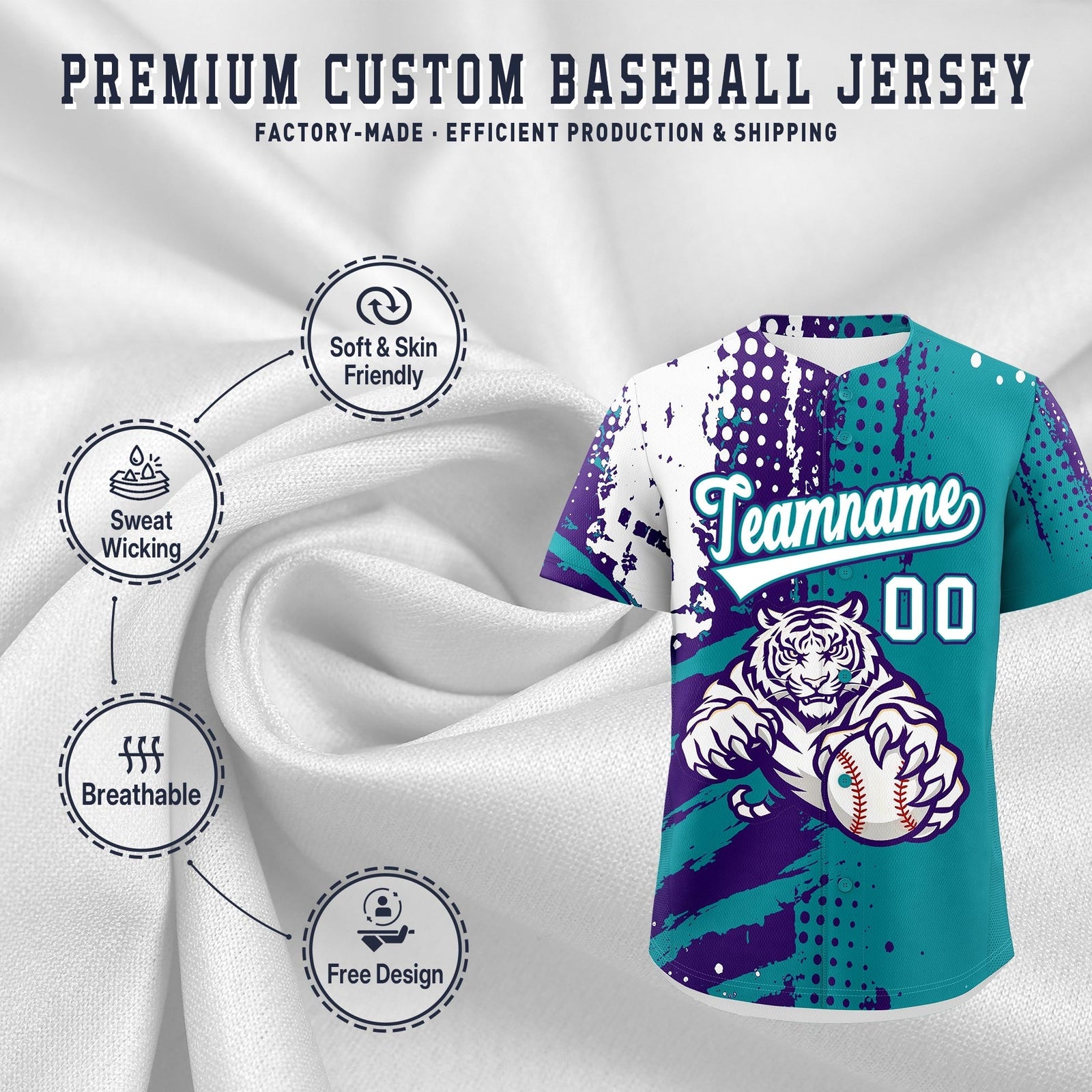 Custom Teal Purple White Full-Snap Graffiti Pattern Tiger Graffiti Jersey Baseball Jersey| KXKSHOP