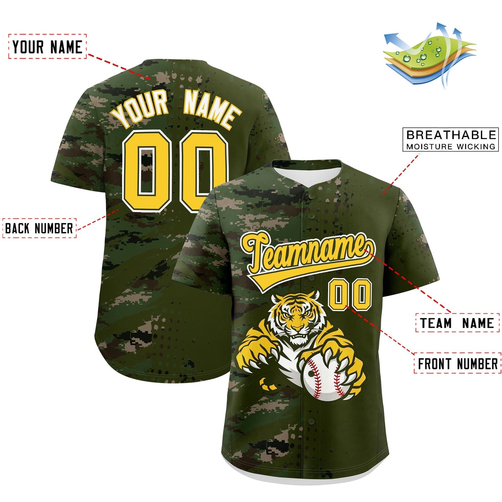 Custom Olive Camo Gold Full-Snap Graffiti Pattern Tiger Graffiti Jersey Baseball Jersey| KXKSHOP