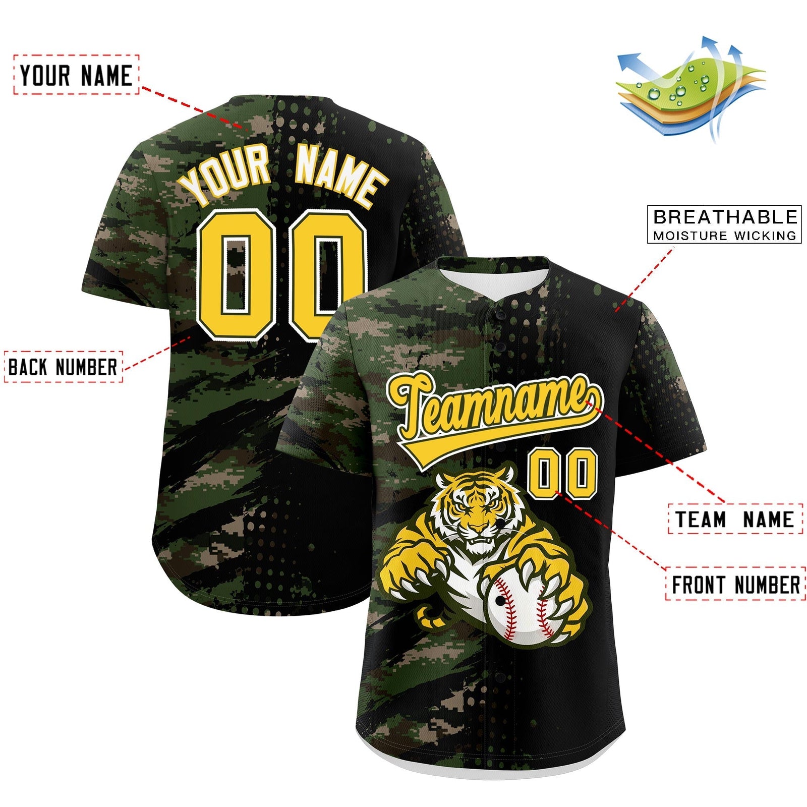 Custom Camo Black Gold Full-Snap Graffiti Pattern Tiger Graffiti Jersey Baseball Jersey| KXKSHOP