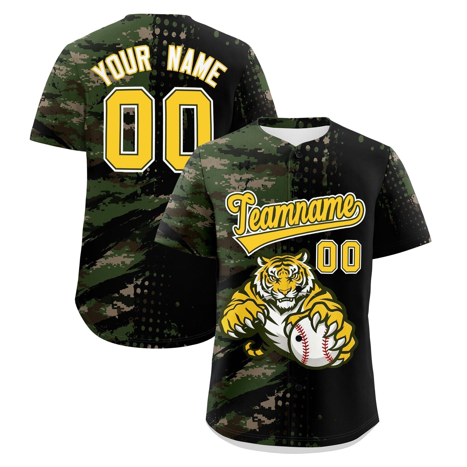 Custom Camo Black Gold Full-Snap Graffiti Pattern Tiger Graffiti Jersey Baseball Jersey| KXKSHOP
