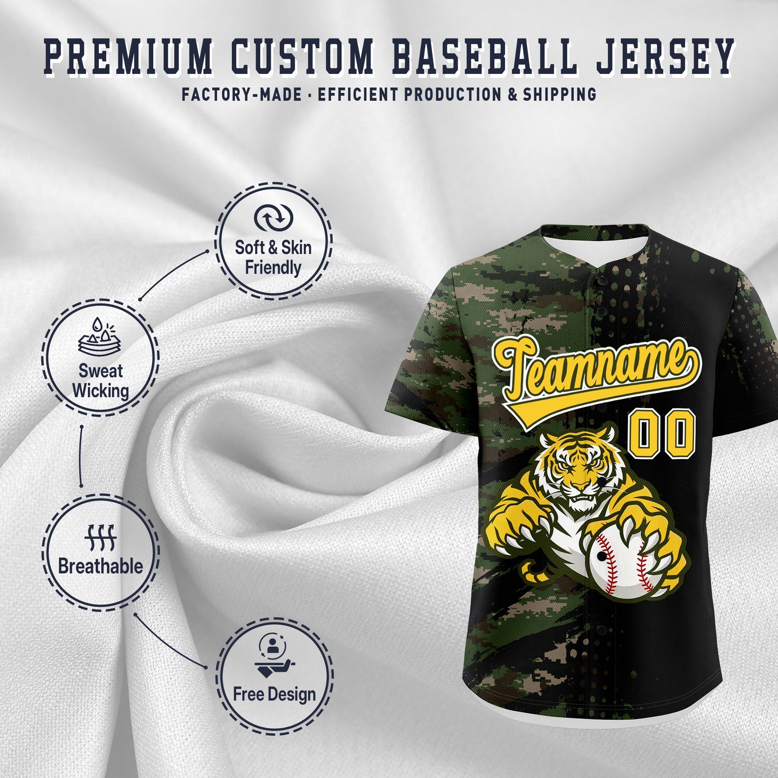 Custom Camo Black Gold Full-Snap Graffiti Pattern Tiger Graffiti Jersey Baseball Jersey| KXKSHOP