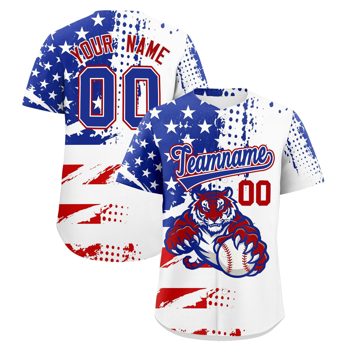 Custom Royal Blue White Red Full-Snap Graffiti Pattern Tiger Graffiti Jersey Baseball Jersey| KXKSHOP