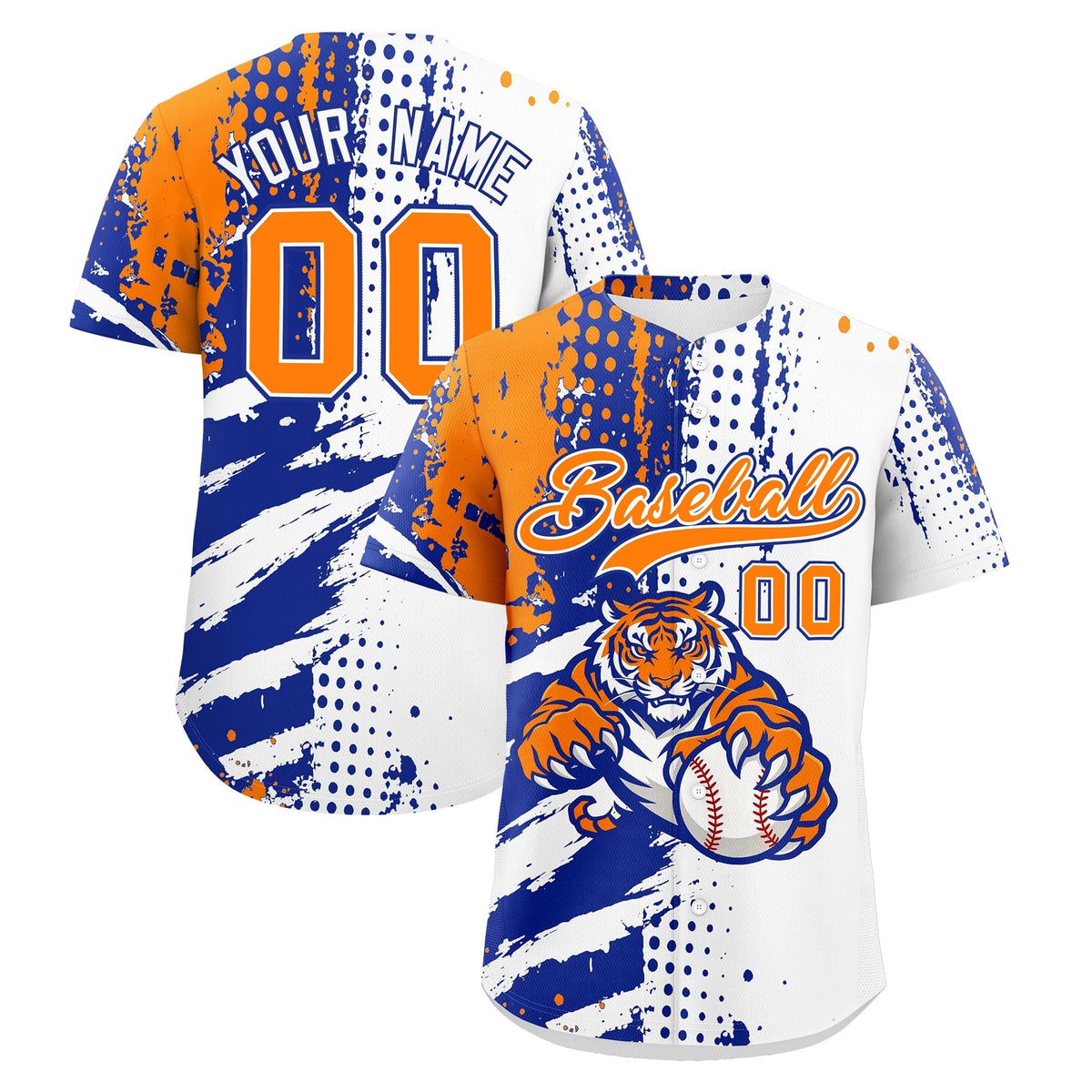 Custom White Royal Blue Orange Full-Snap Graffiti Pattern Tiger Graffiti Jersey Baseball Jersey| KXKSHOP