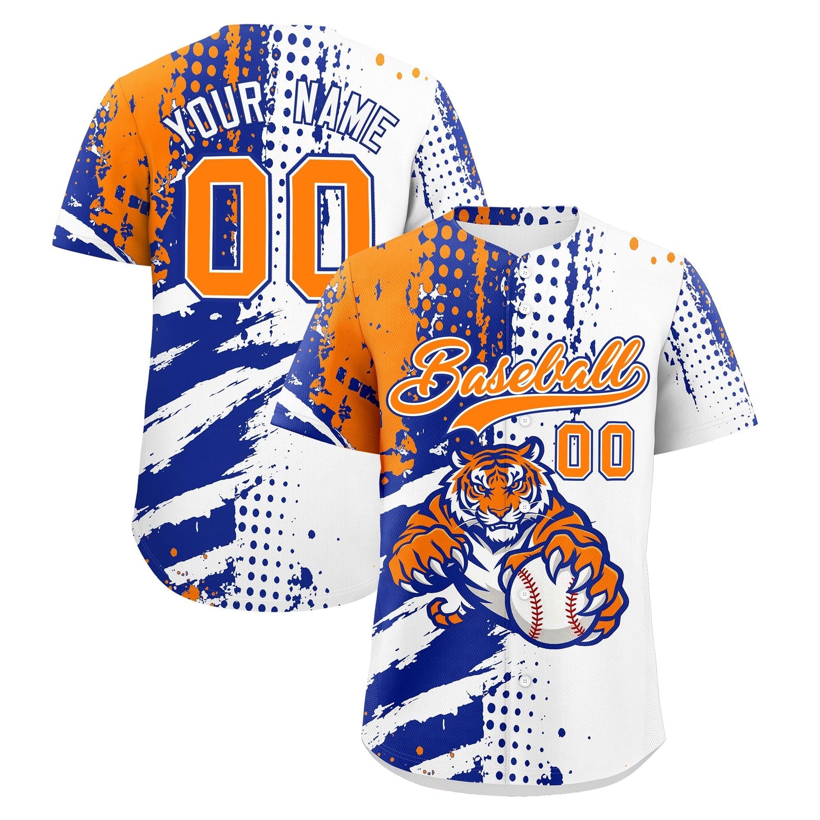 Custom White Royal Blue Orange Full-Snap Graffiti Pattern Tiger Graffiti Jersey Baseball Jersey| KXKSHOP