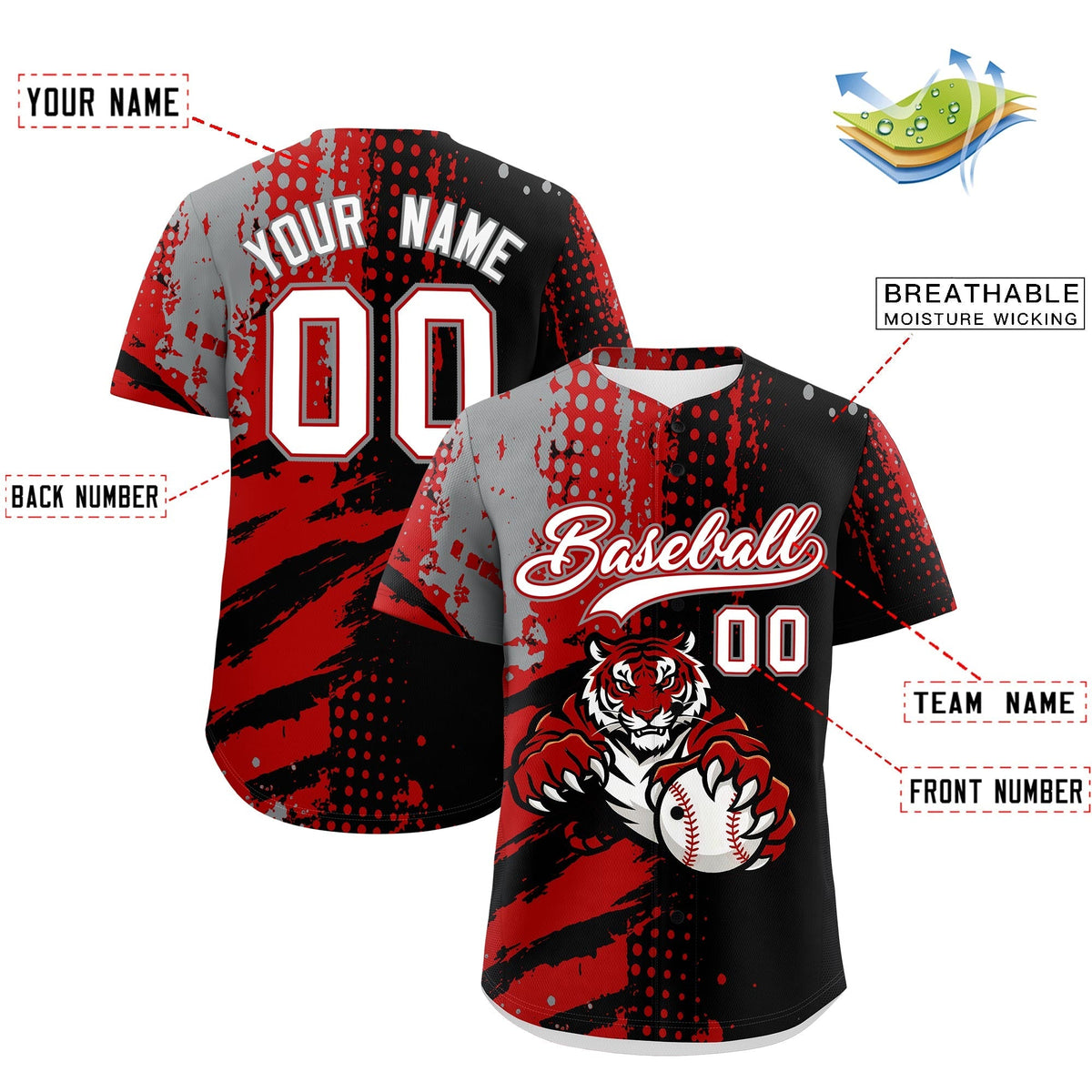 Custom Black Red Gray Full-Snap Graffiti Pattern Tiger Graffiti Jersey Baseball Jersey| KXKSHOP