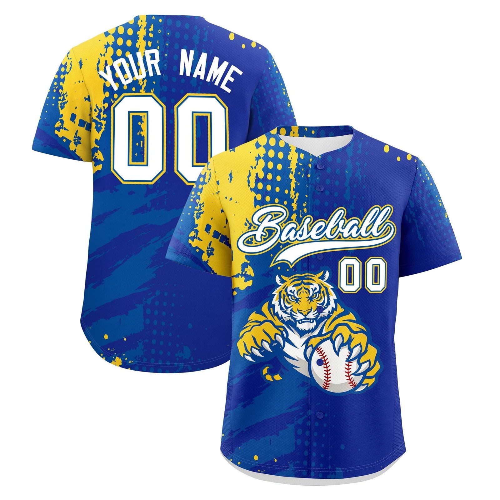 Custom Royal Blue Royal Gold Full-Snap Graffiti Pattern Tiger Graffiti Jersey Baseball Jersey| KXKSHOP