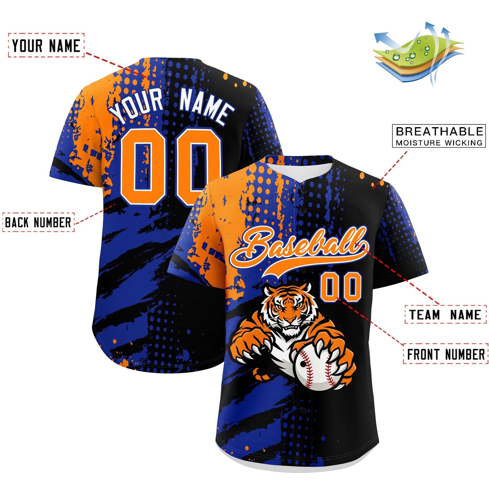 Custom Black Royal Blue Orange Full-Snap Graffiti Pattern Tiger Graffiti Jersey Baseball Jersey| KXKSHOP