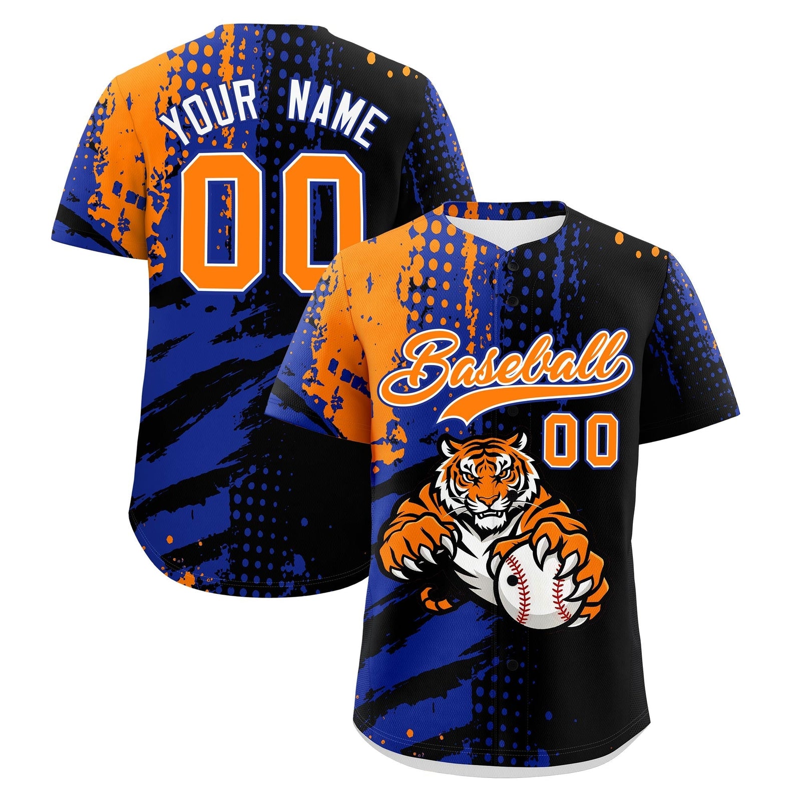 Custom Black Royal Blue Orange Full-Snap Graffiti Pattern Tiger Graffiti Jersey Baseball Jersey| KXKSHOP