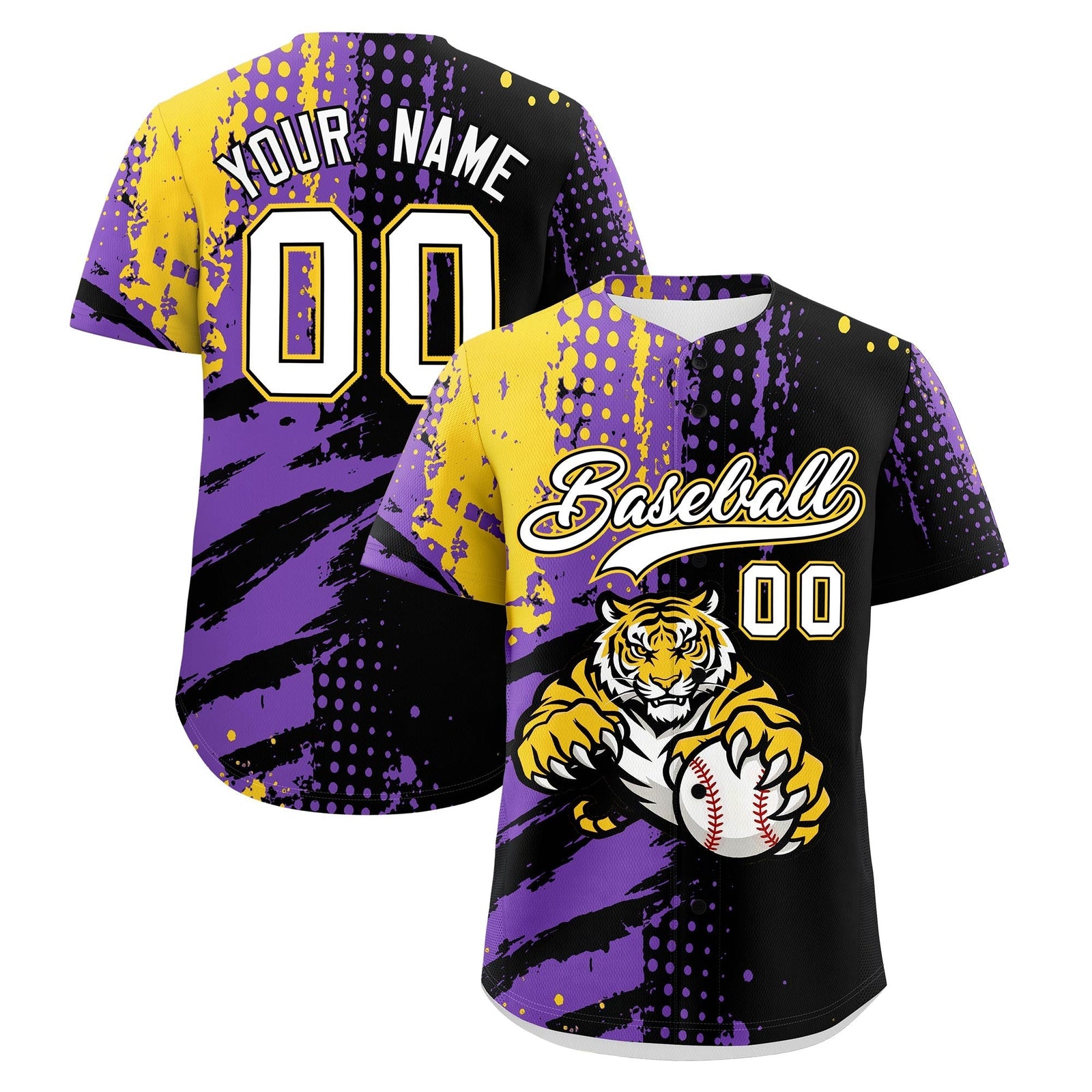 Custom Black Gold White Full-Snap Graffiti Pattern Tiger Graffiti Jersey Baseball Jersey| KXKSHOP
