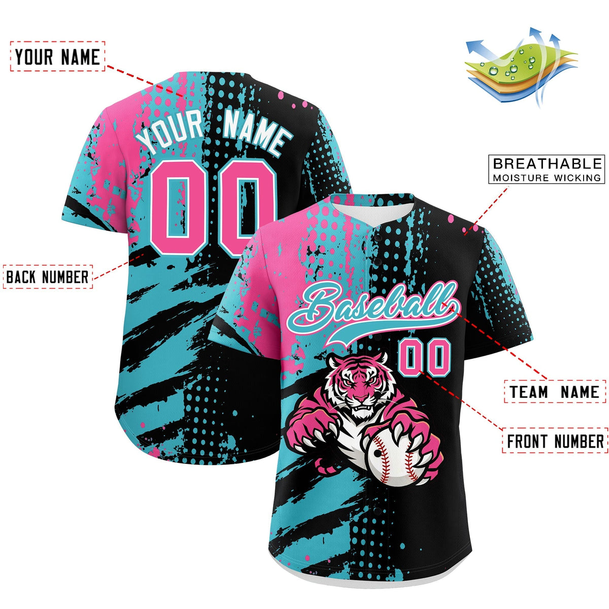Custom Black Aqua Pink Full-Snap Graffiti Pattern Tiger Graffiti Jersey Baseball Jersey| KXKSHOP
