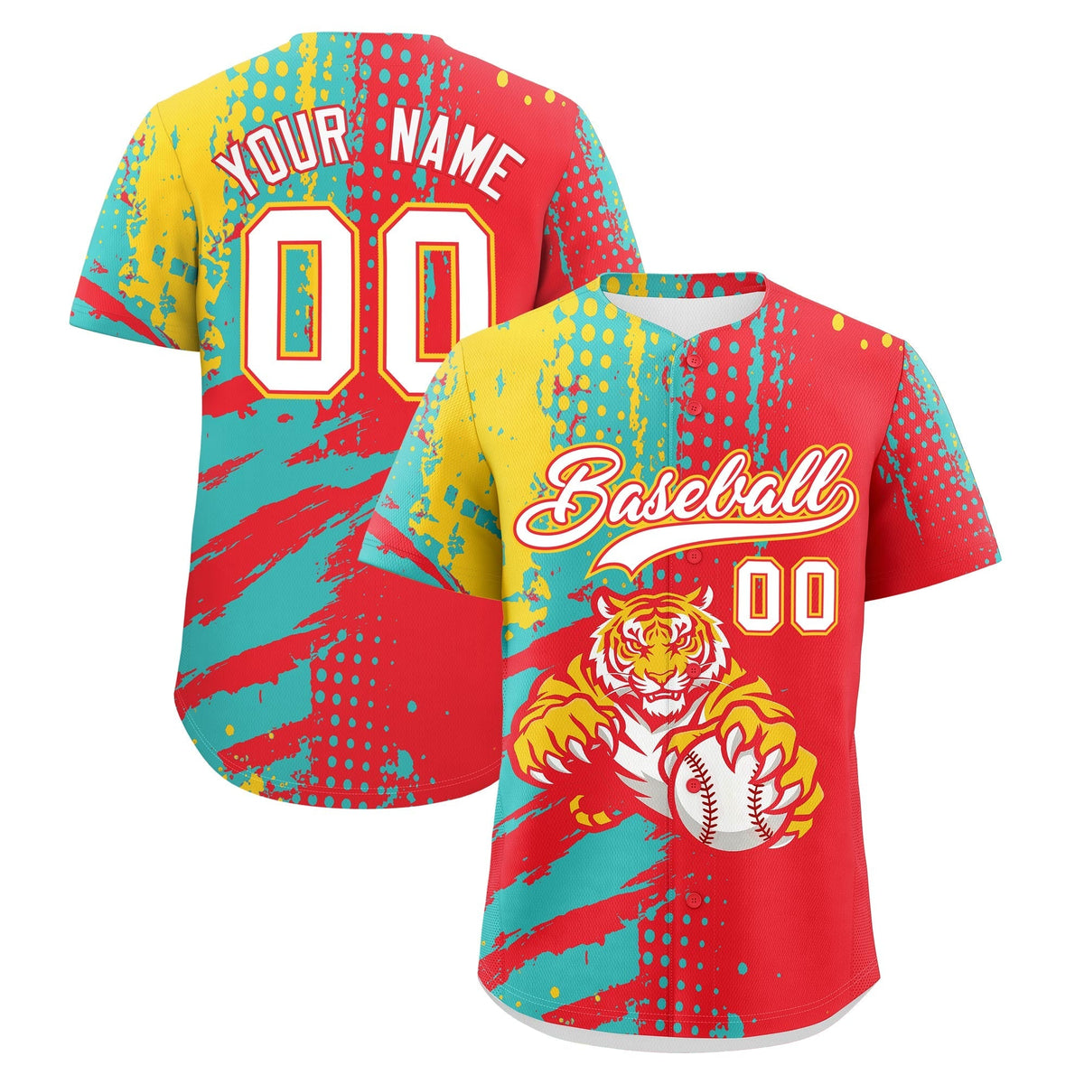 Custom Light Red Teal Gold Full-Snap Graffiti Pattern Tiger Graffiti Jersey Baseball Jersey| KXKSHOP