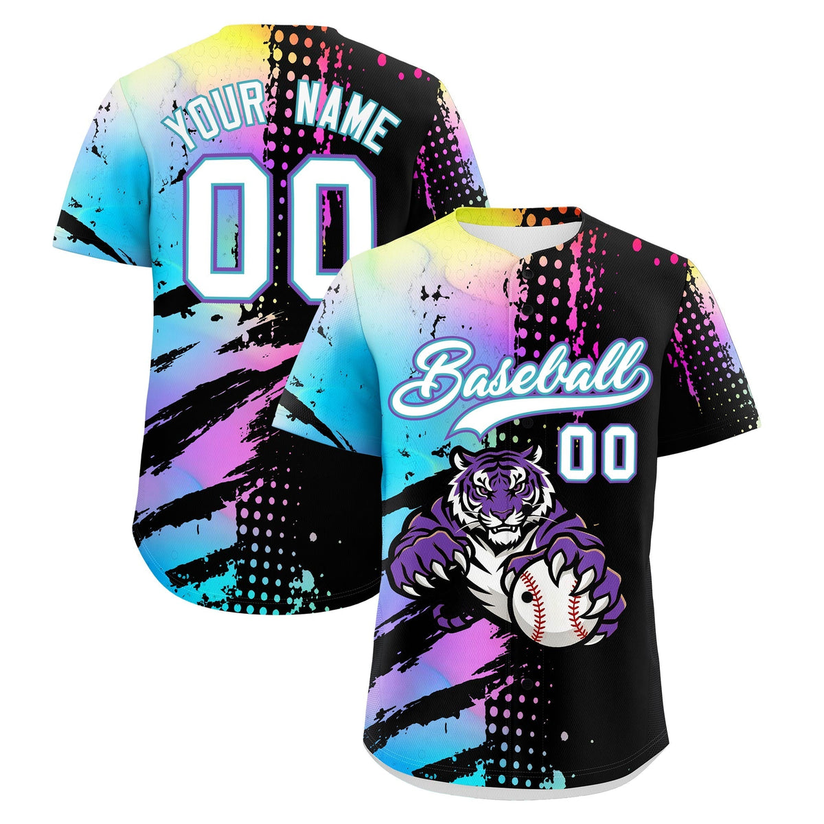 Custom Black White Sky Blue Full-Snap Graffiti Pattern Tiger Graffiti Jersey Baseball Jersey| KXKSHOP
