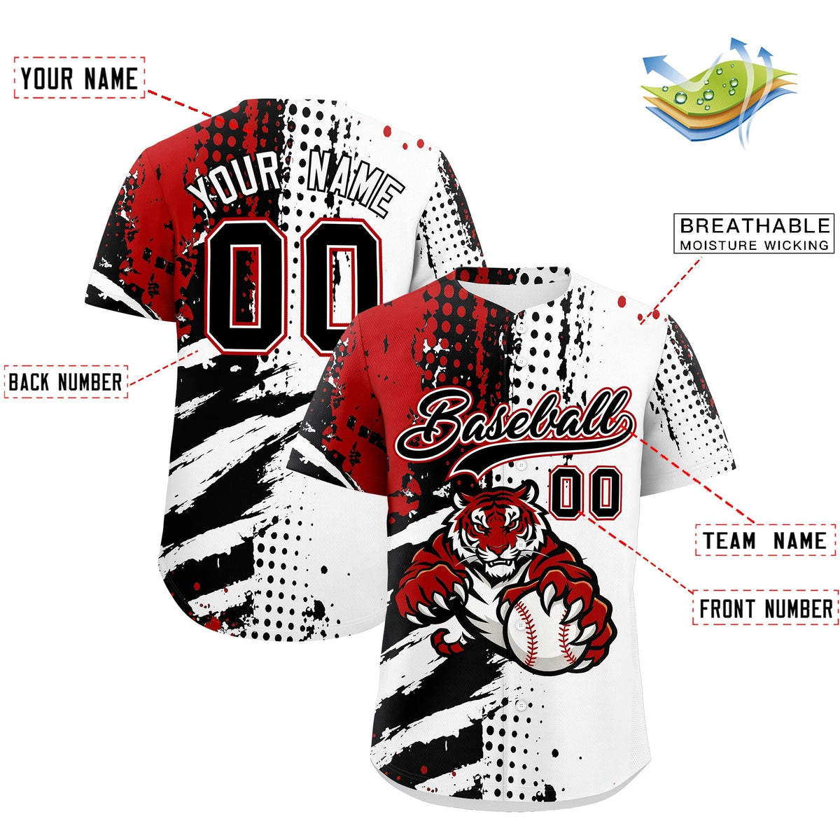 Custom White Black Red Full-Snap Graffiti Pattern Tiger Graffiti Jersey Baseball Jersey| KXKSHOP