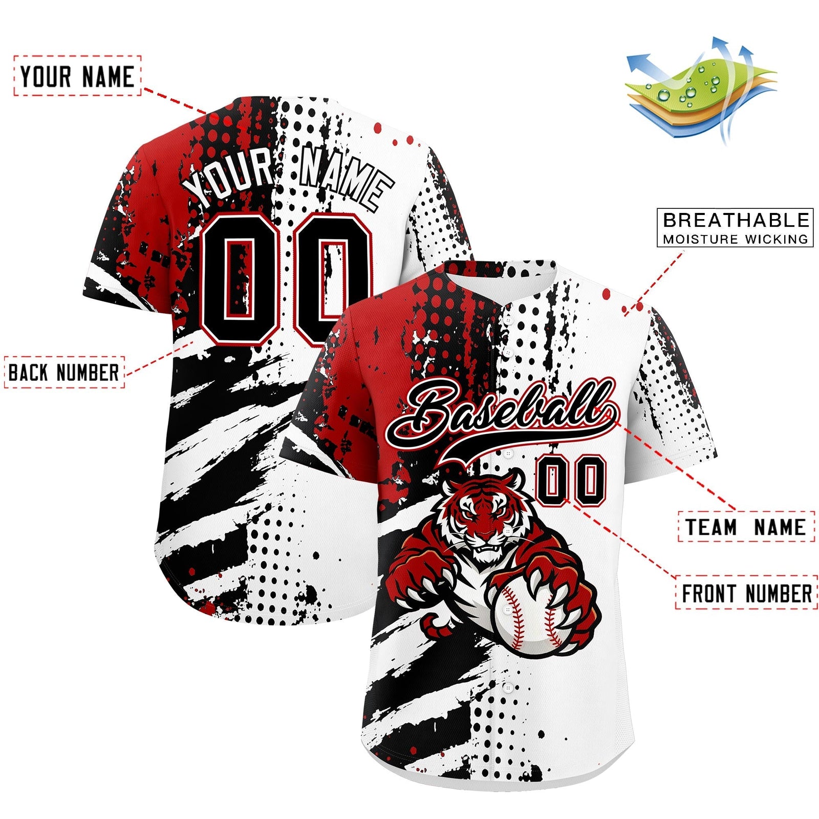 Custom White Black Red Full-Snap Graffiti Pattern Tiger Graffiti Jersey Baseball Jersey| KXKSHOP