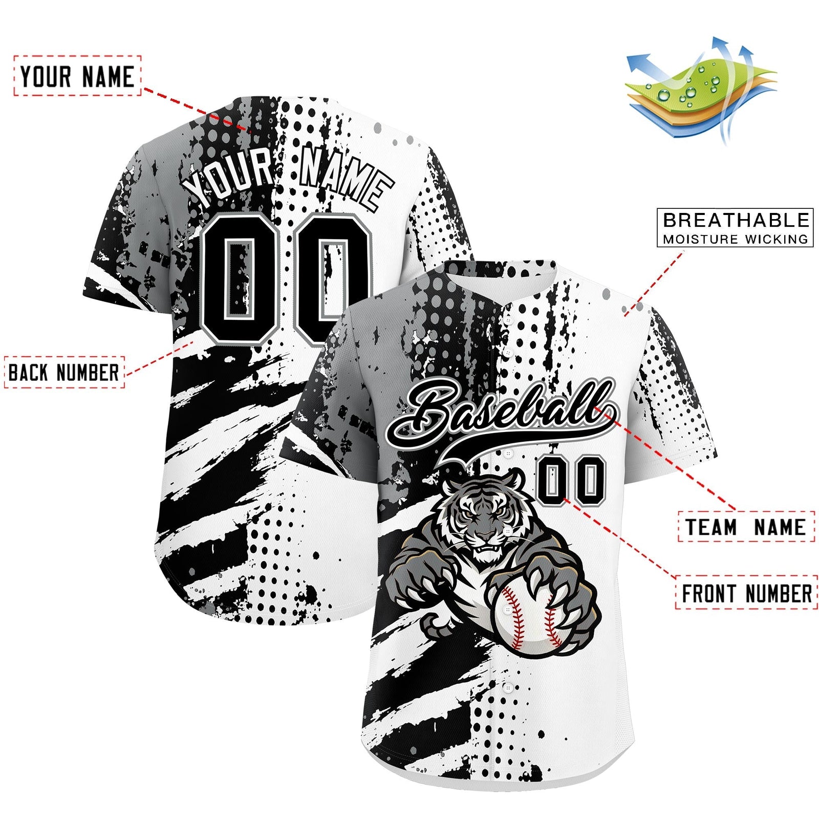 Custom White Black Gray Full-Snap Graffiti Pattern Tiger Graffiti Jersey Baseball Jersey| KXKSHOP