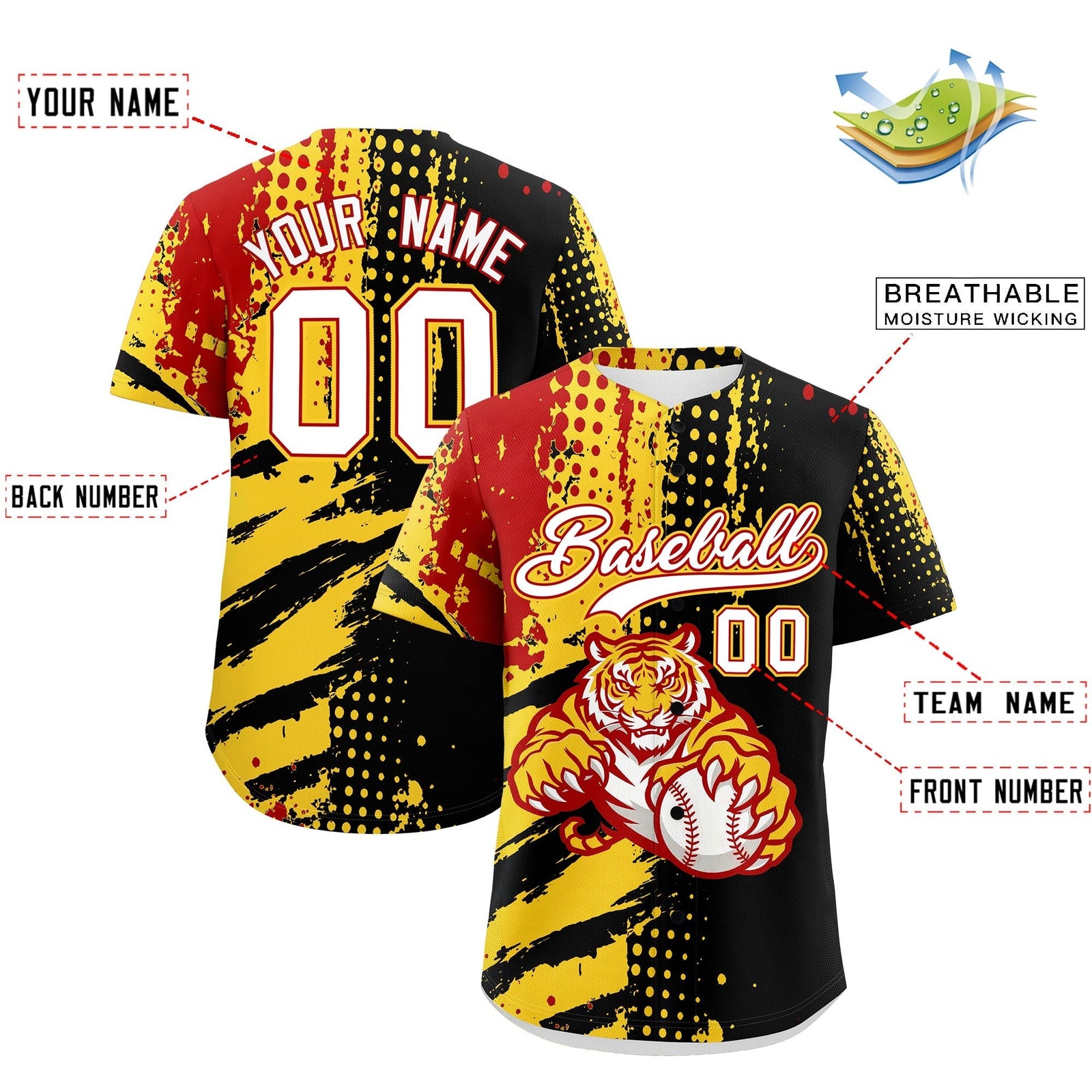 Custom Black Red Gold Full-Snap Graffiti Pattern Tiger Graffiti Jersey Baseball Jersey| KXKSHOP