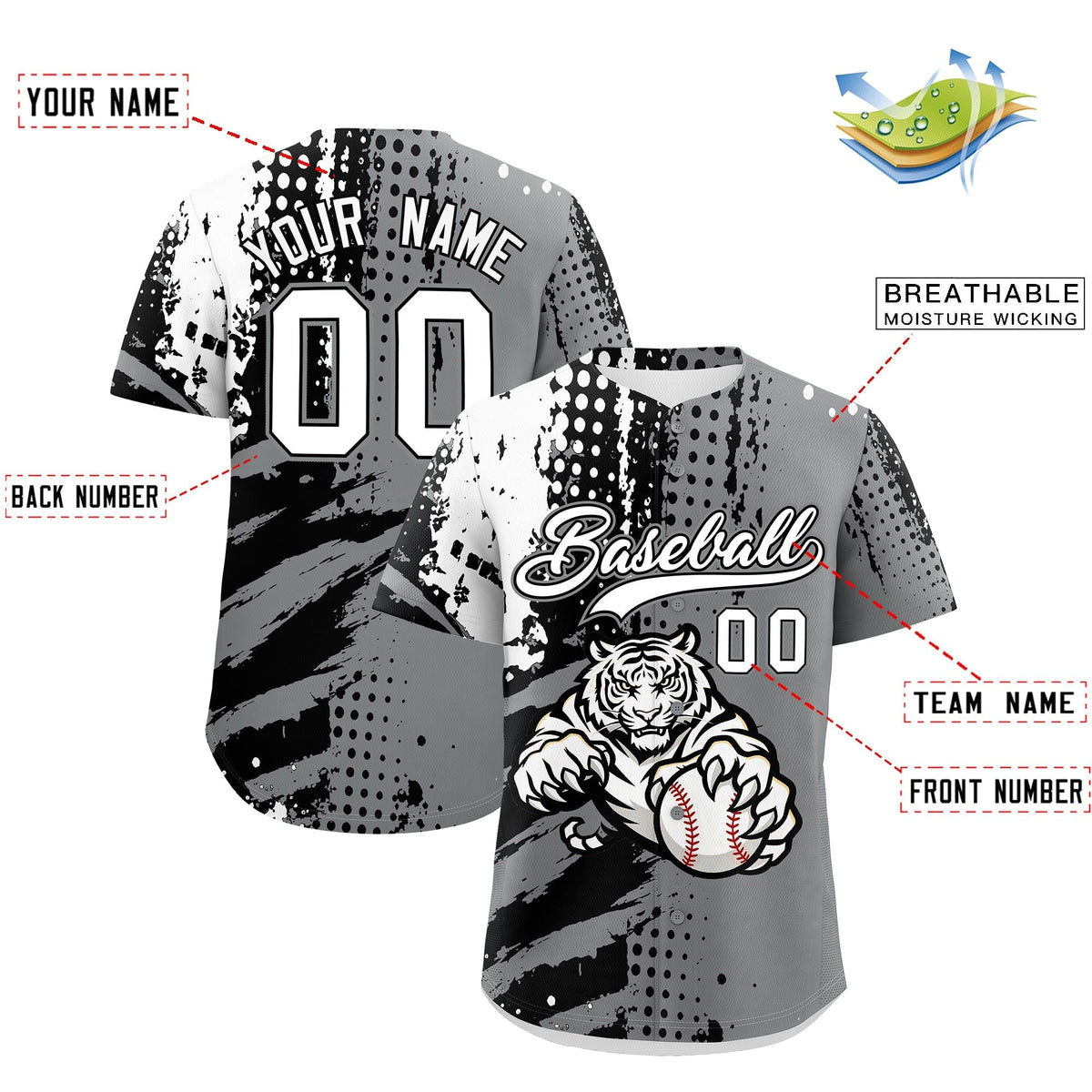 Custom Gray Black White Full-Snap Graffiti Pattern Tiger Graffiti Jersey Baseball Jersey| KXKSHOP