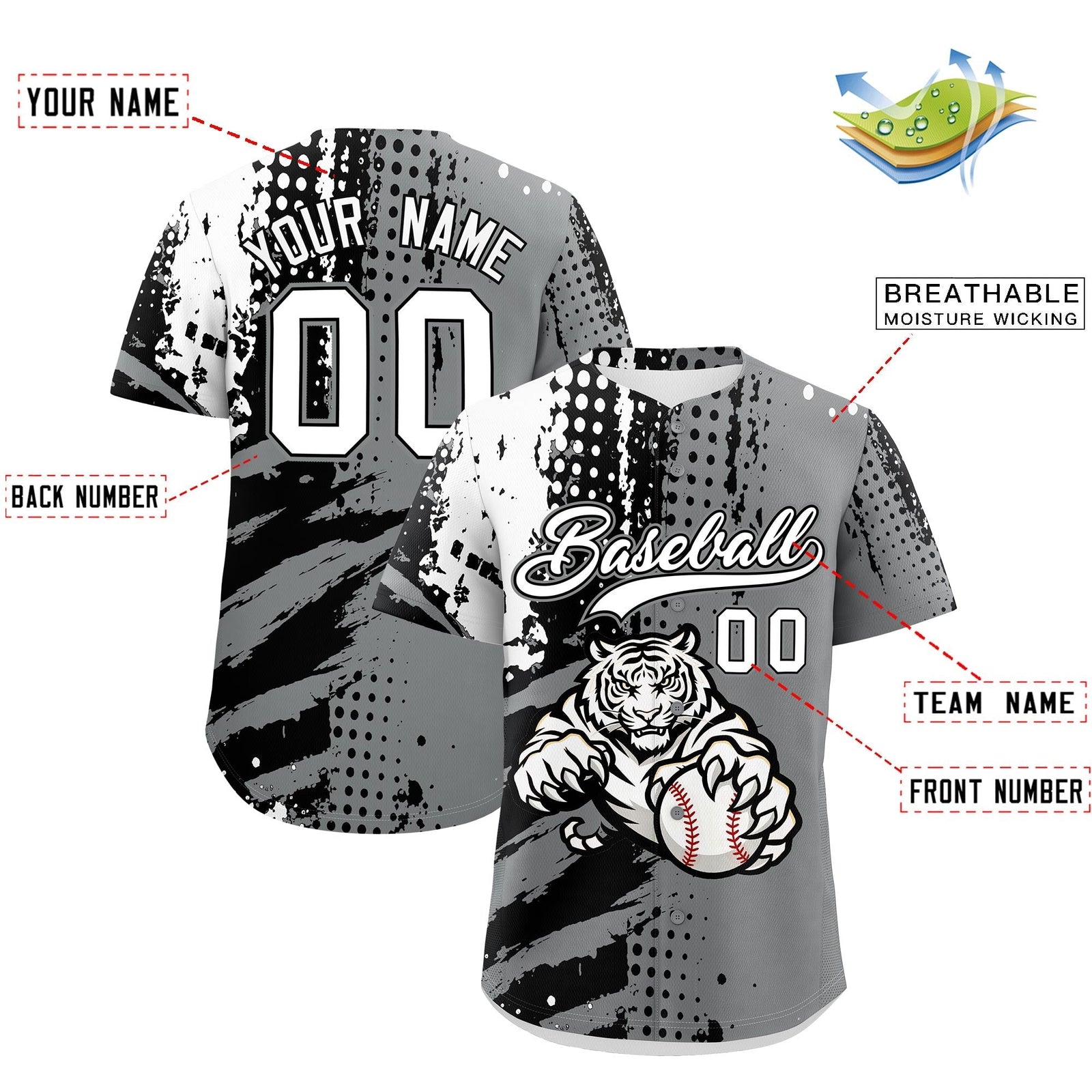 Custom Gray Black White Full-Snap Graffiti Pattern Tiger Graffiti Jersey Baseball Jersey| KXKSHOP