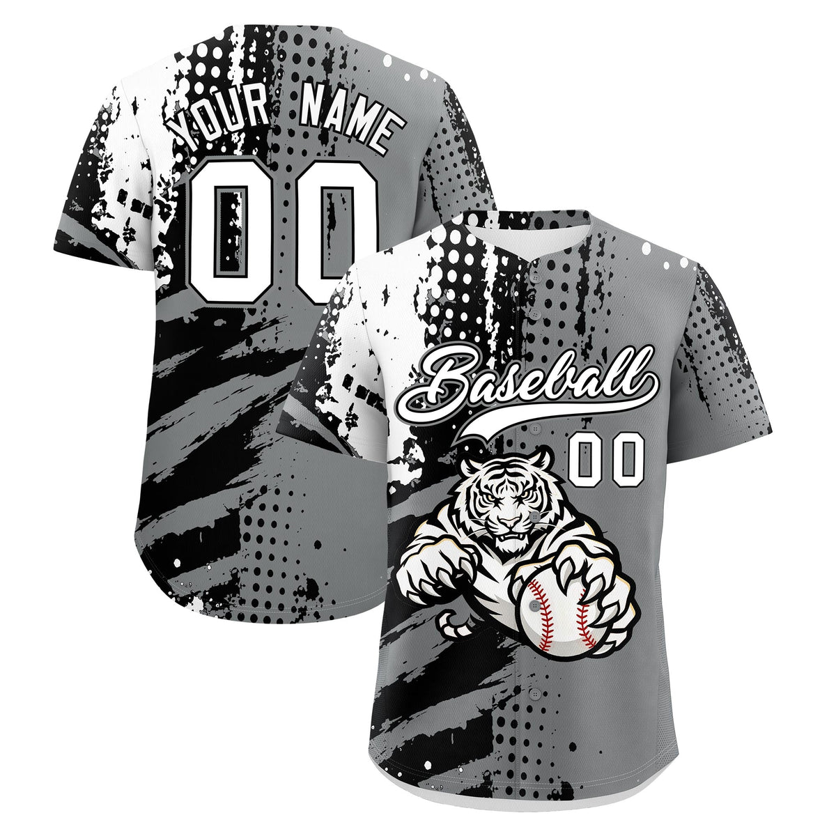 Custom Gray Black White Full-Snap Graffiti Pattern Tiger Graffiti Jersey Baseball Jersey| KXKSHOP