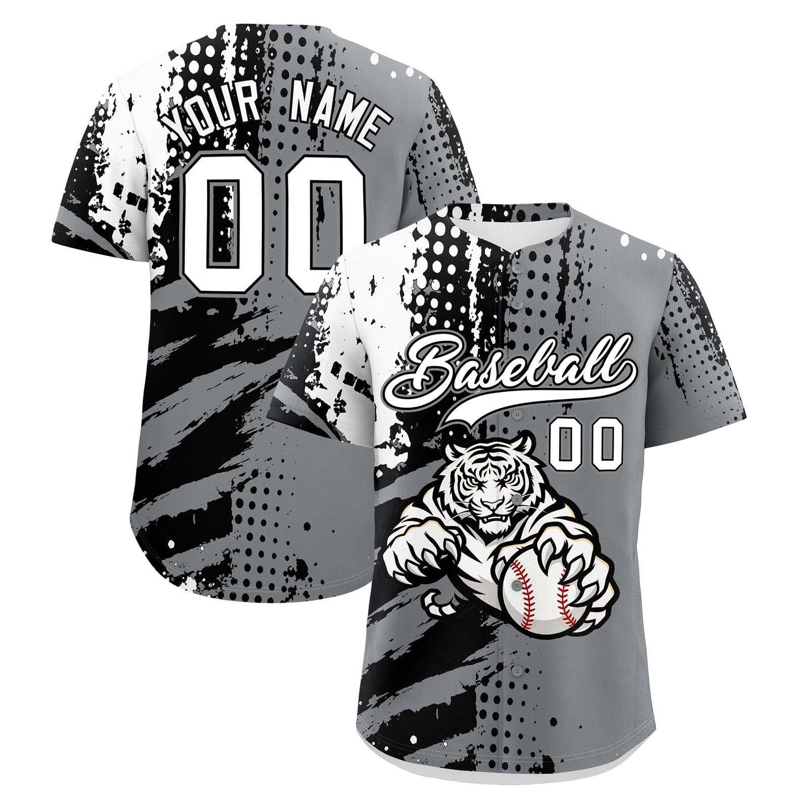Custom Gray Black White Full-Snap Graffiti Pattern Tiger Graffiti Jersey Baseball Jersey| KXKSHOP