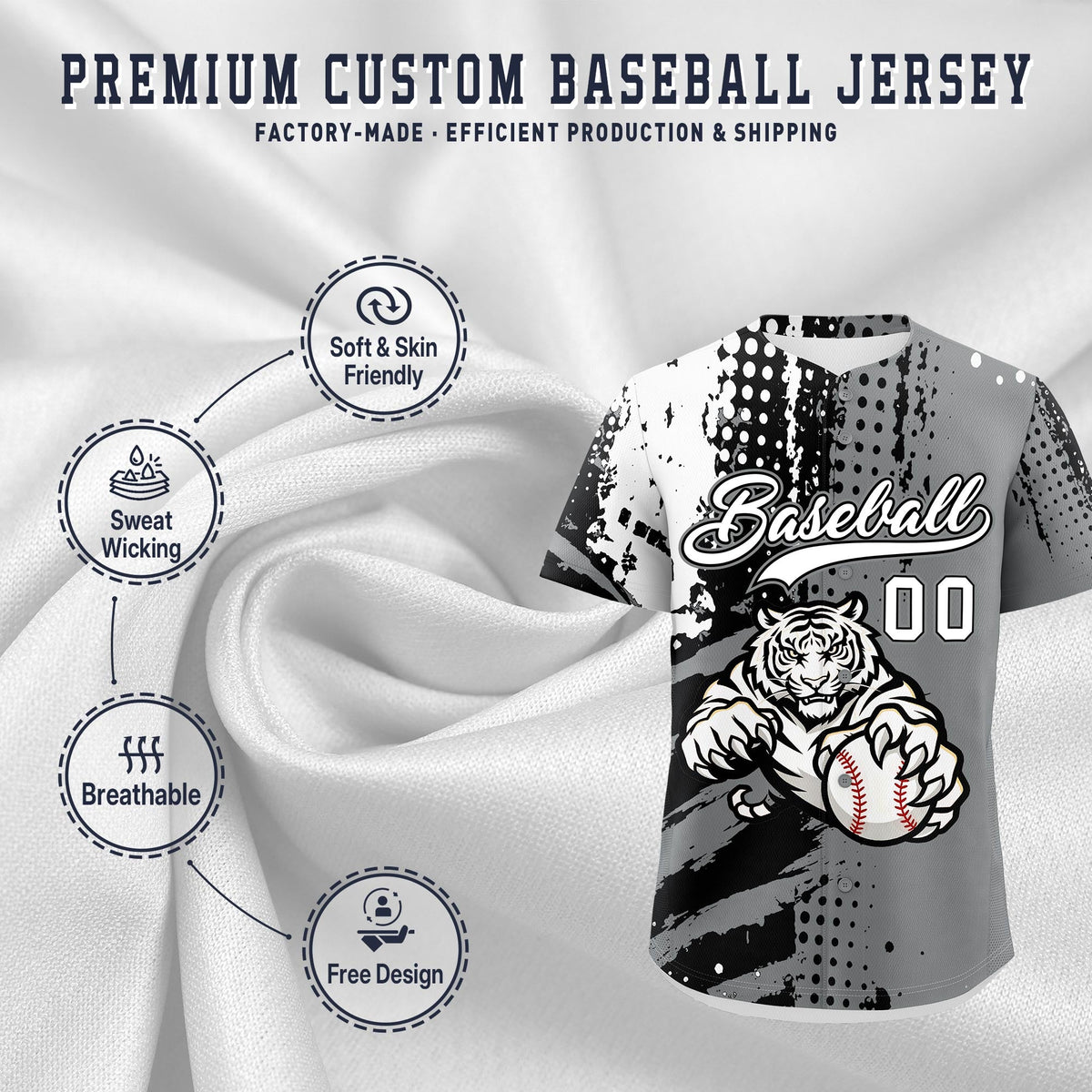 Custom Gray Black White Full-Snap Graffiti Pattern Tiger Graffiti Jersey Baseball Jersey| KXKSHOP