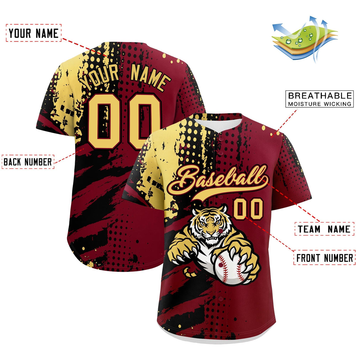 Custom Crimson Black Khaki Full-Snap Graffiti Pattern Tiger Graffiti Jersey Baseball Jersey| KXKSHOP