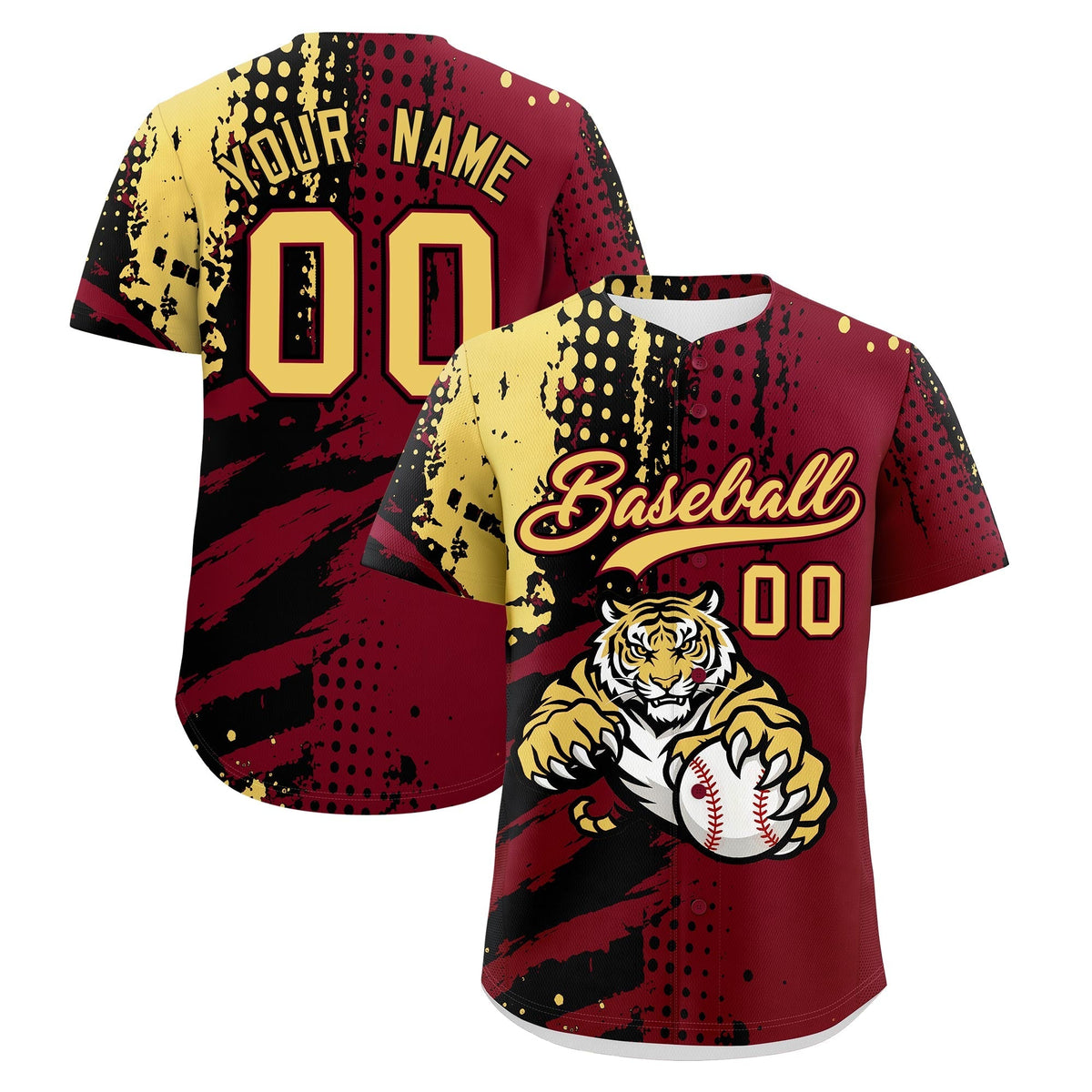 Custom Crimson Black Khaki Full-Snap Graffiti Pattern Tiger Graffiti Jersey Baseball Jersey| KXKSHOP