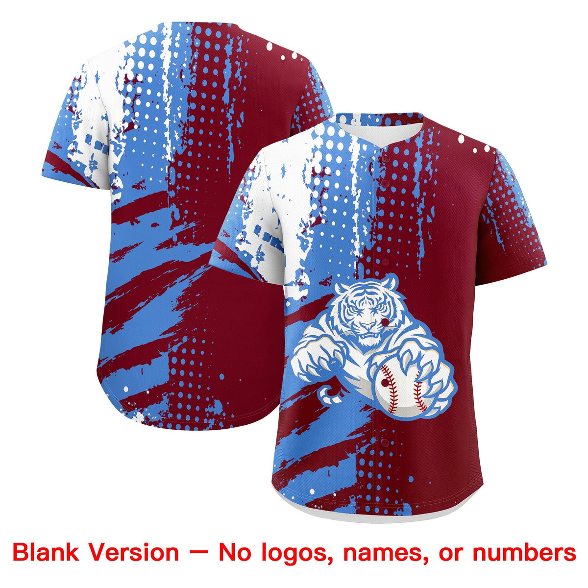 Custom Crimson Powder Blue White Full-Snap Graffiti Pattern Tiger Graffiti Jersey Baseball Jersey| KXKSHOP