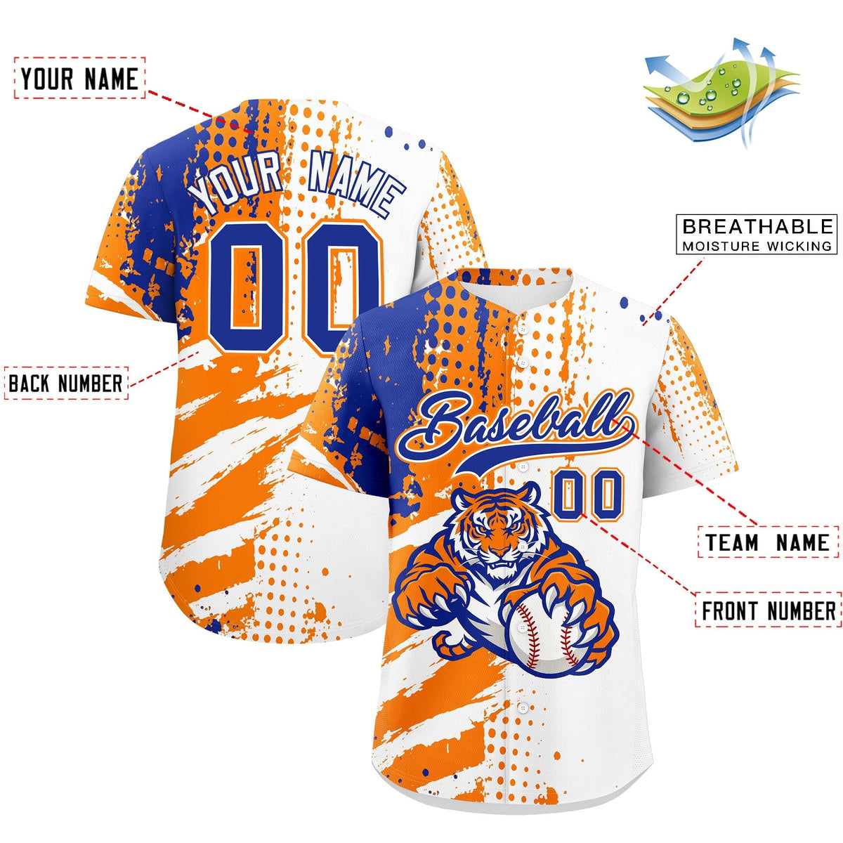 Custom White Orange Royal Blue Full-Snap Graffiti Pattern Tiger Graffiti Jersey Baseball Jersey| KXKSHOP