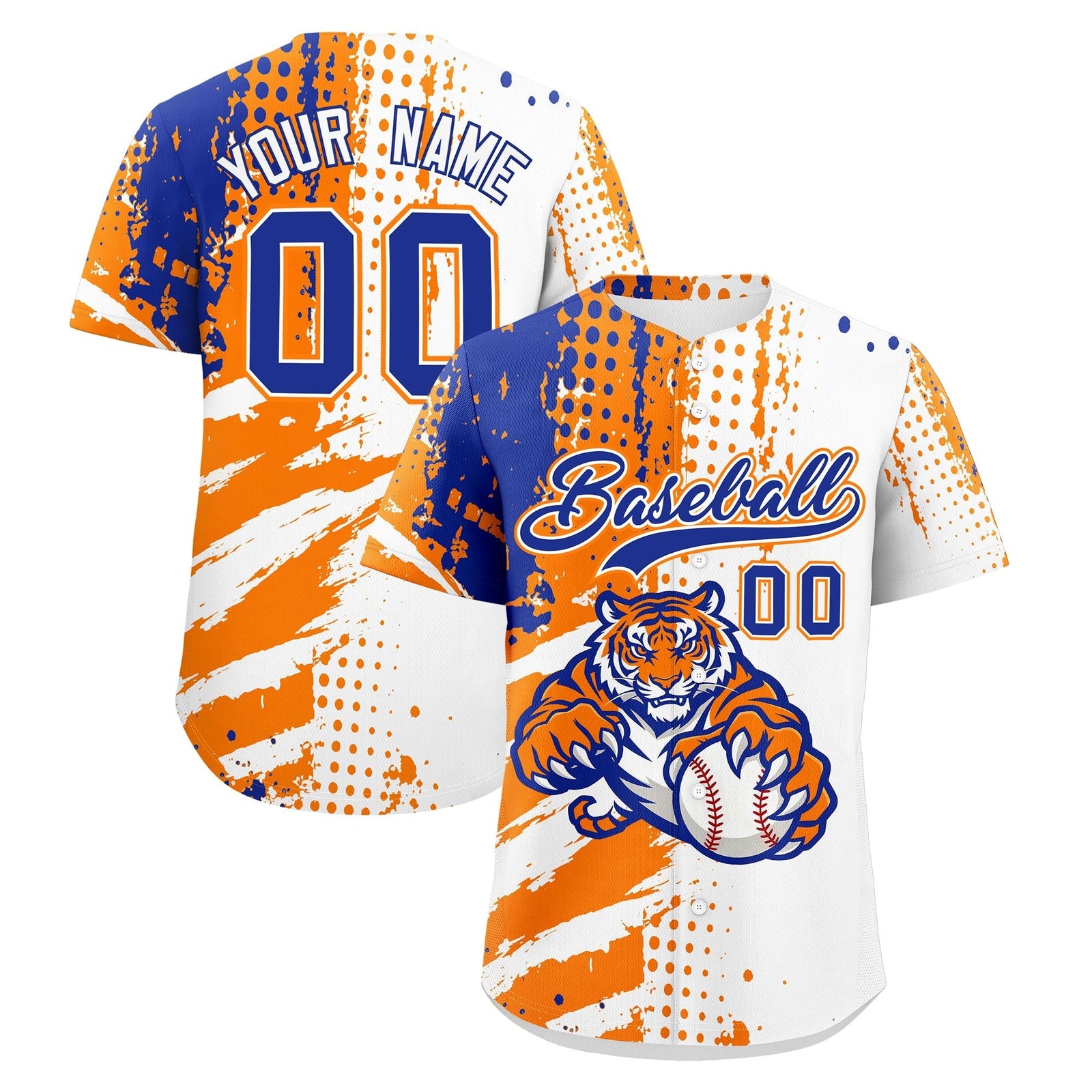 Custom White Orange Royal Blue Full-Snap Graffiti Pattern Tiger Graffiti Jersey Baseball Jersey| KXKSHOP