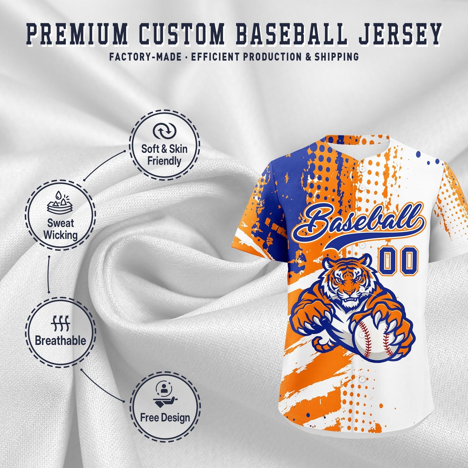 Custom White Orange Royal Blue Full-Snap Graffiti Pattern Tiger Graffiti Jersey Baseball Jersey| KXKSHOP