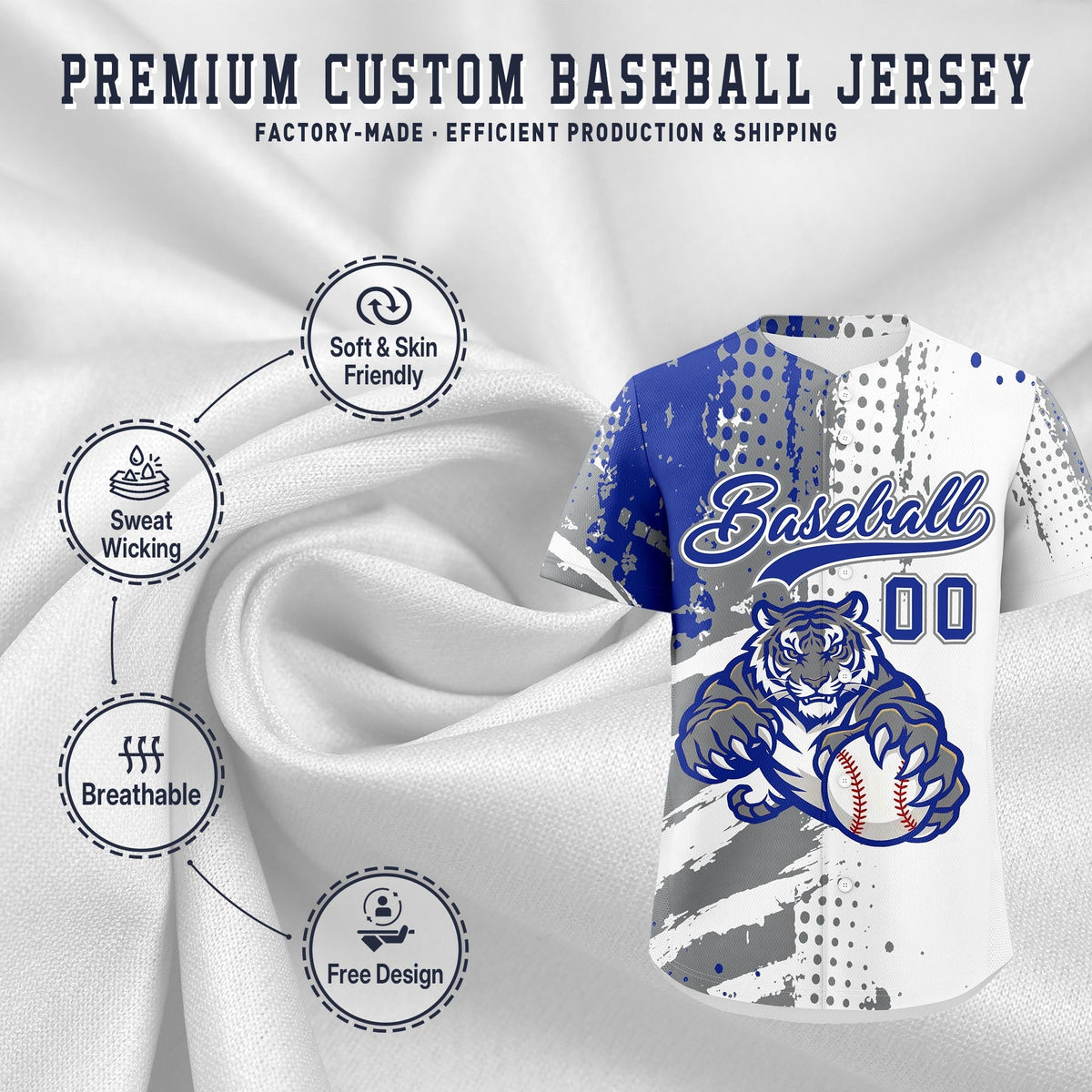Custom White Gray Royal Blue Full-Snap Graffiti Pattern Tiger Graffiti Jersey Baseball Jersey| KXKSHOP