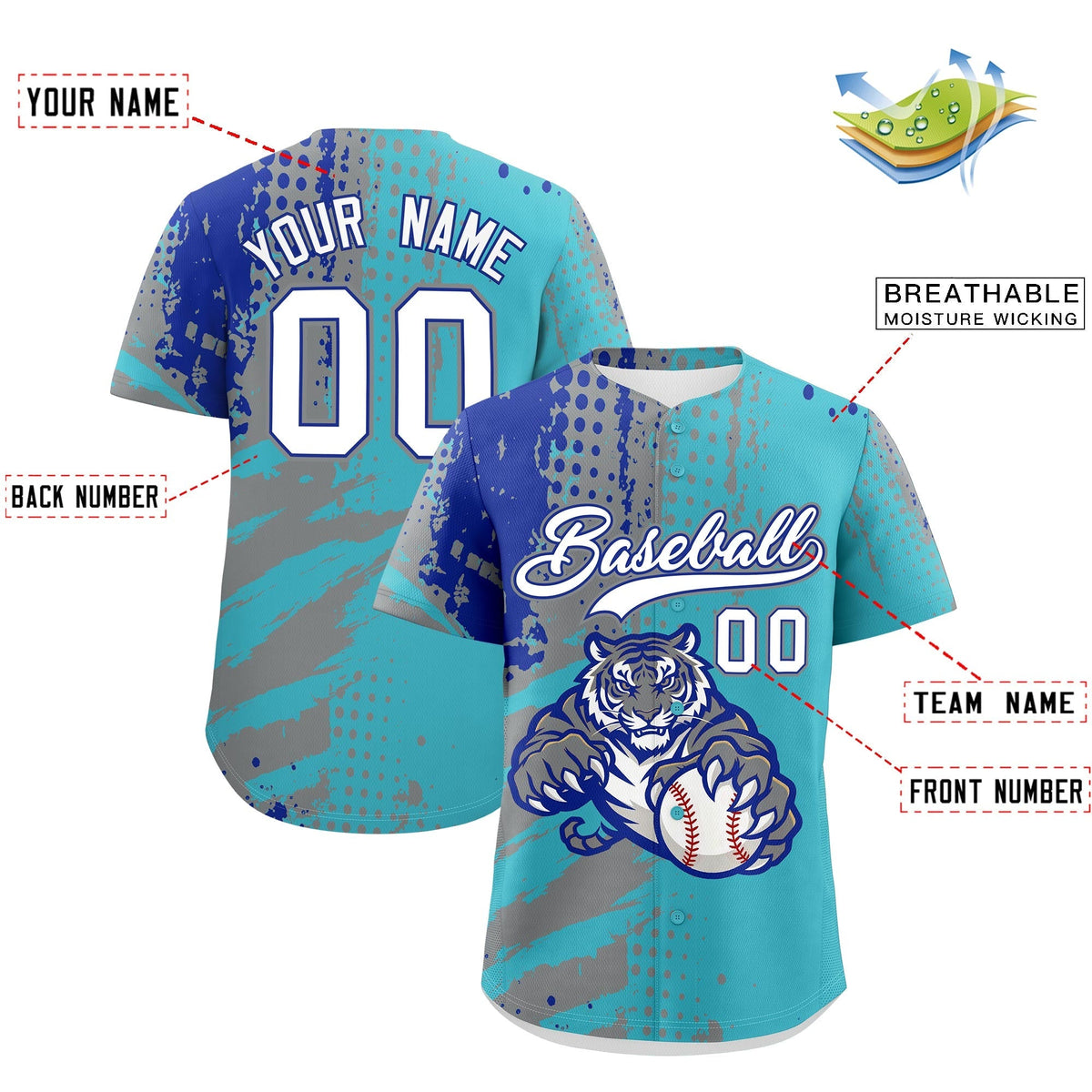 Custom Sky Blue Gray Royal Blue Full-Snap Graffiti Pattern Tiger Graffiti Jersey Baseball Jersey| KXKSHOP