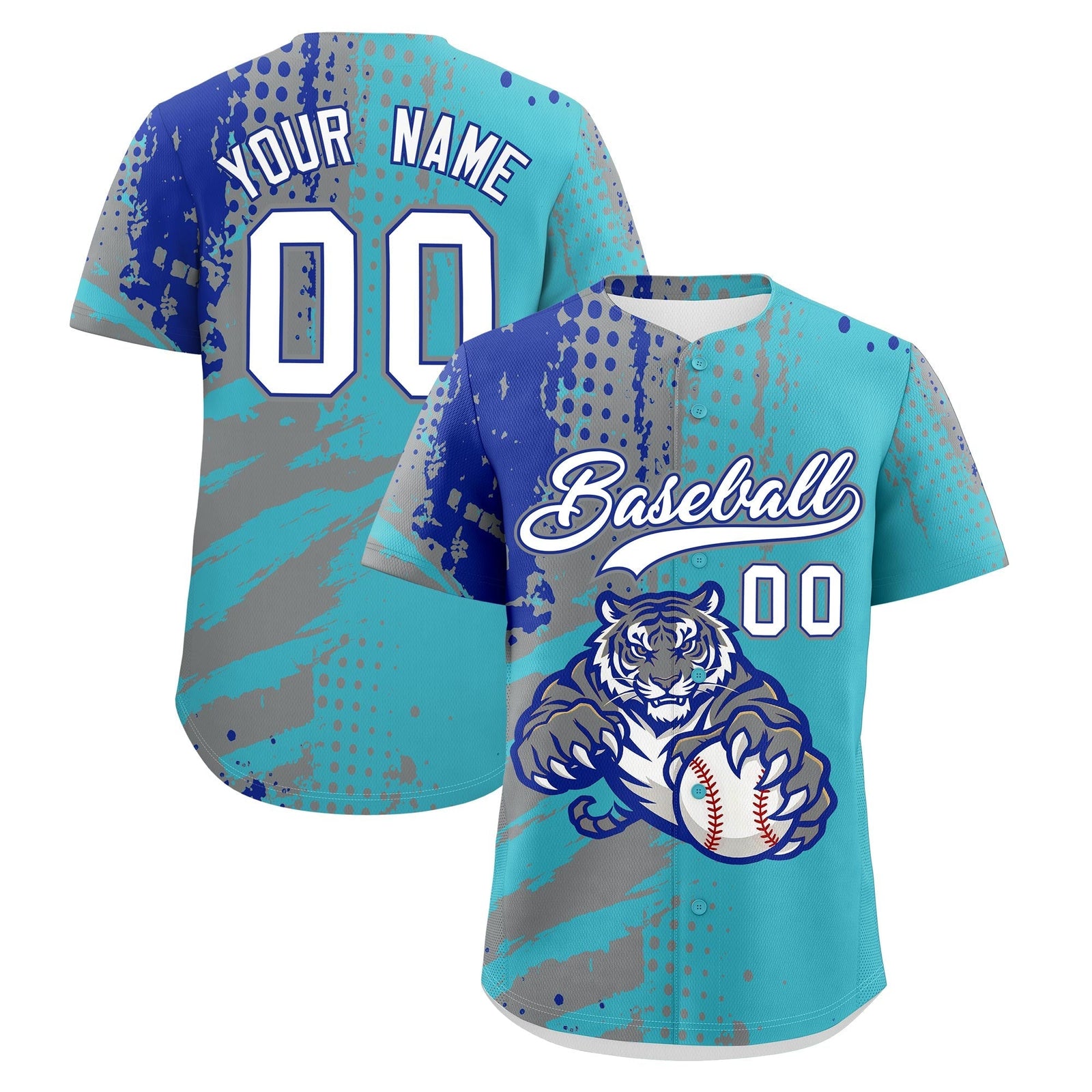 Custom Sky Blue Gray Royal Blue Full-Snap Graffiti Pattern Tiger Graffiti Jersey Baseball Jersey| KXKSHOP