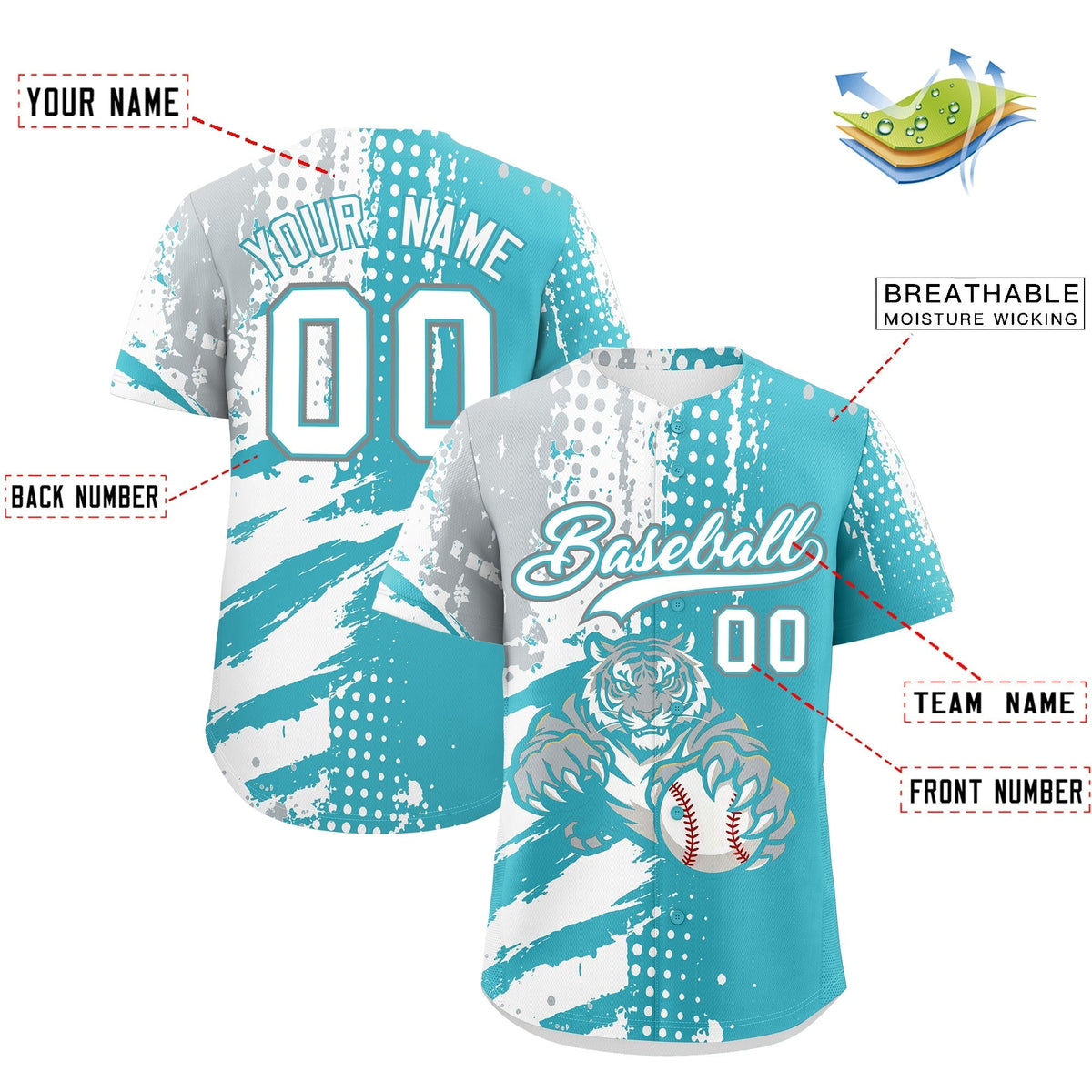Custom Sky Blue Silver White Full-Snap Graffiti Pattern Tiger Graffiti Jersey Baseball Jersey| KXKSHOP