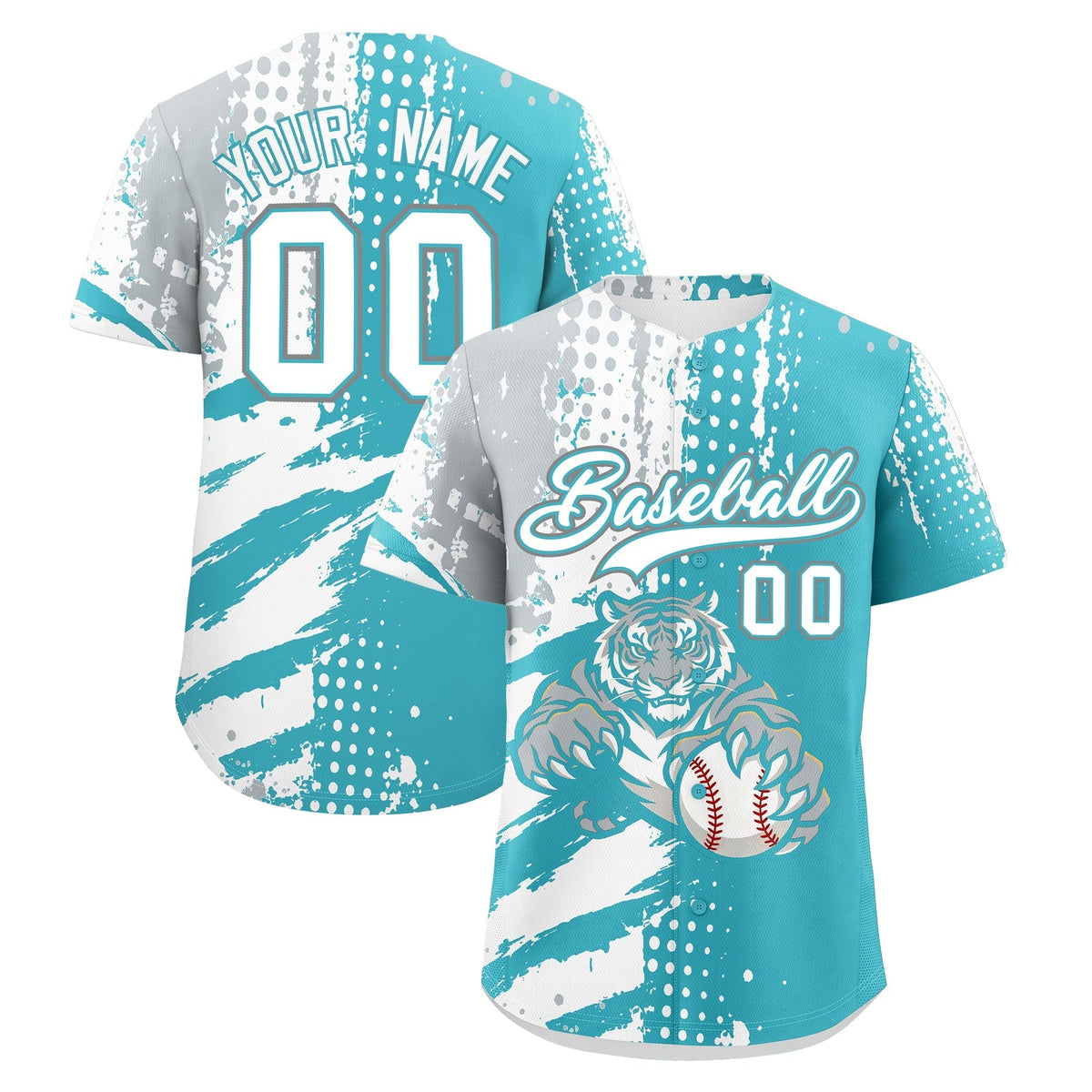 Custom Sky Blue Silver White Full-Snap Graffiti Pattern Tiger Graffiti Jersey Baseball Jersey| KXKSHOP