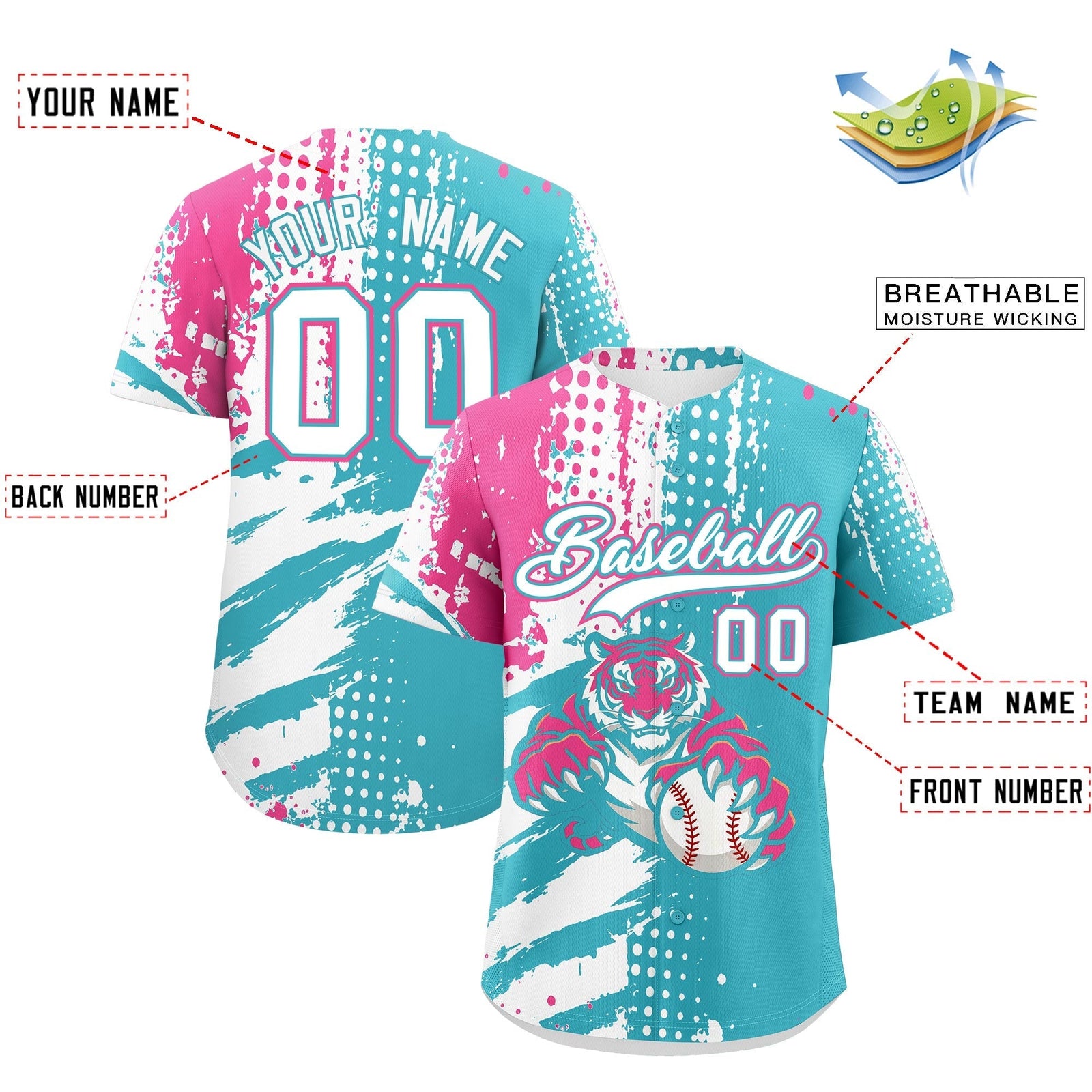 Custom Sky Blue White Pink Full-Snap Graffiti Pattern Tiger Graffiti Jersey Baseball Jersey| KXKSHOP