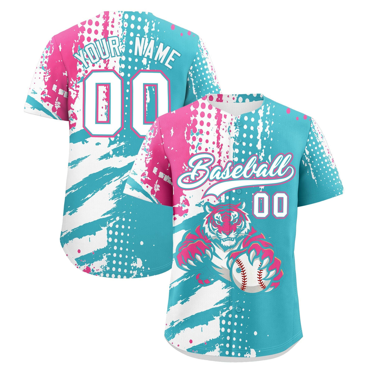 Custom Sky Blue White Pink Full-Snap Graffiti Pattern Tiger Graffiti Jersey Baseball Jersey| KXKSHOP