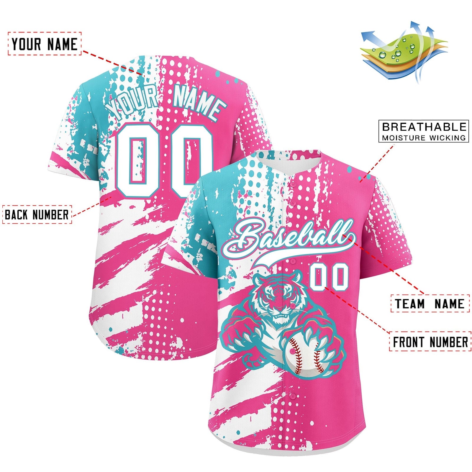 Custom Pink White Sky Blue Full-Snap Graffiti Pattern Tiger Graffiti Jersey Baseball Jersey| KXKSHOP