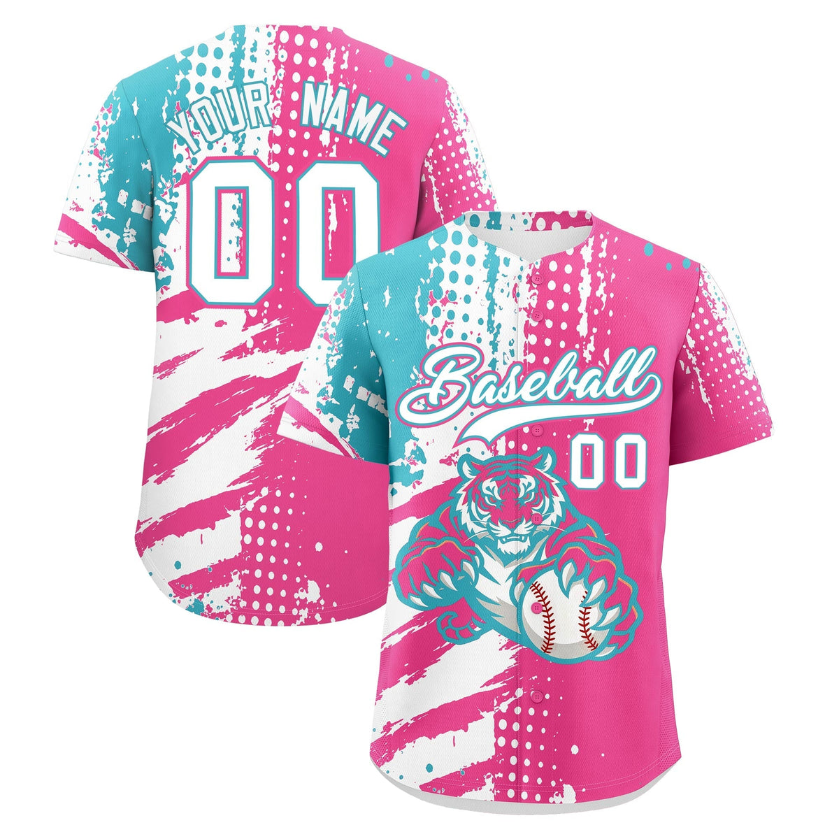 Custom Pink White Sky Blue Full-Snap Graffiti Pattern Tiger Graffiti Jersey Baseball Jersey| KXKSHOP