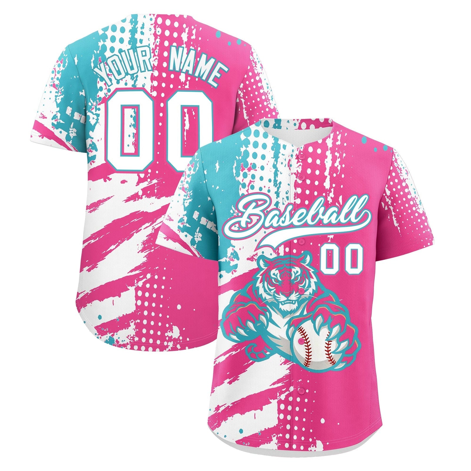 Custom Pink White Sky Blue Full-Snap Graffiti Pattern Tiger Graffiti Jersey Baseball Jersey| KXKSHOP