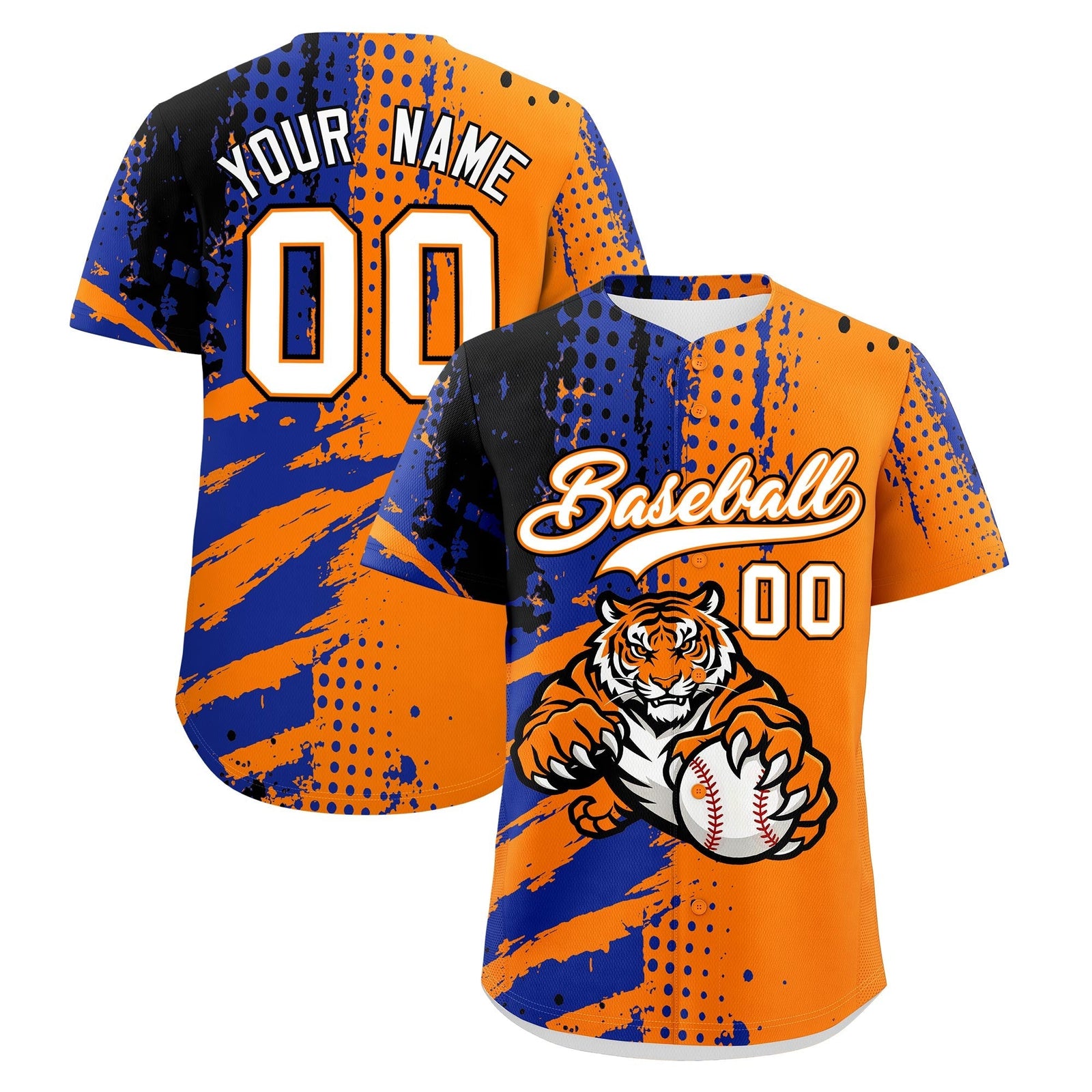 Custom Orange Royal Blue Black Full-Snap Graffiti Pattern Tiger Graffiti Jersey Baseball Jersey| KXKSHOP