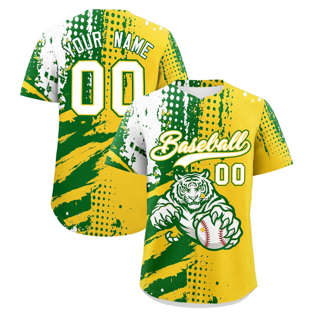 Custom Gold Kelly Green White Full-Snap Graffiti Pattern Tiger Graffiti Jersey Baseball Jersey| KXKSHOP